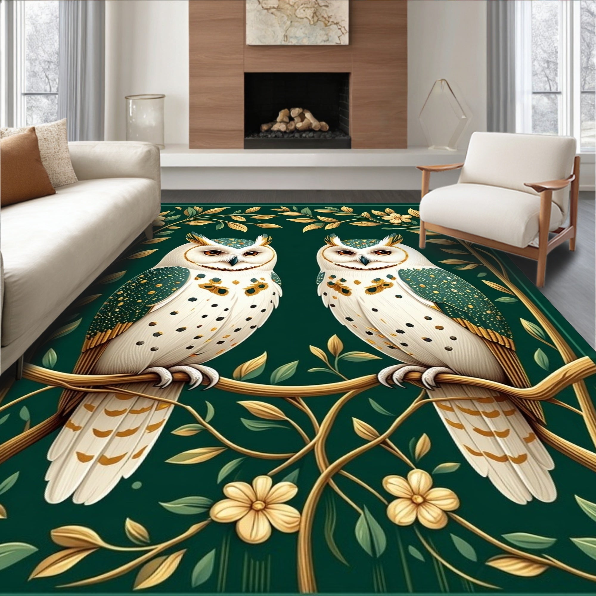 Emerald Forest Owl Floral Design Rug