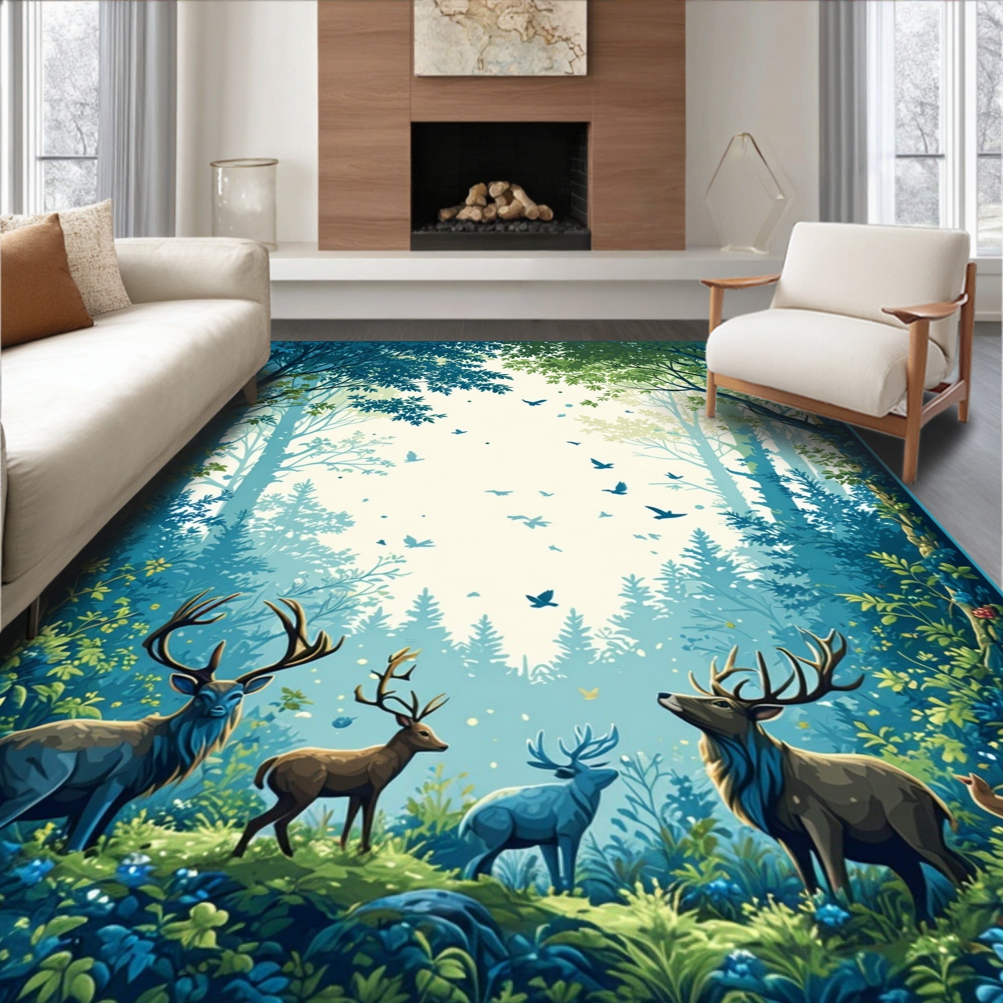 Enchanted Forest Wildlife Deer Scene Rug