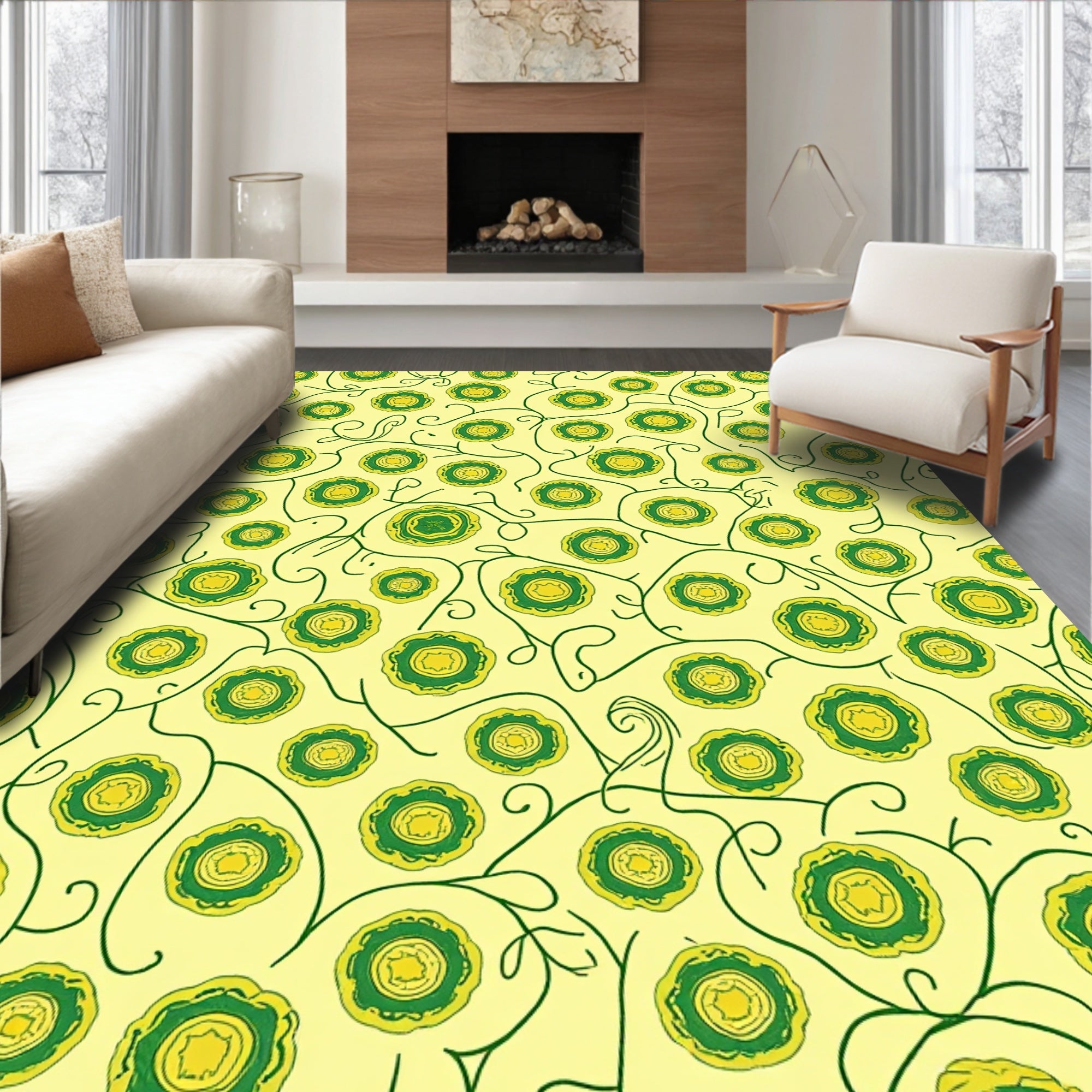 Whimsical Green Floral Vine Pattern Rug
