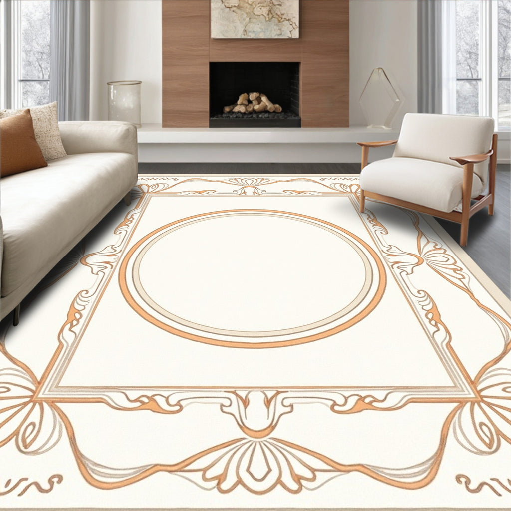 Cream and Coral Oval Frame Art Nouveau Rug