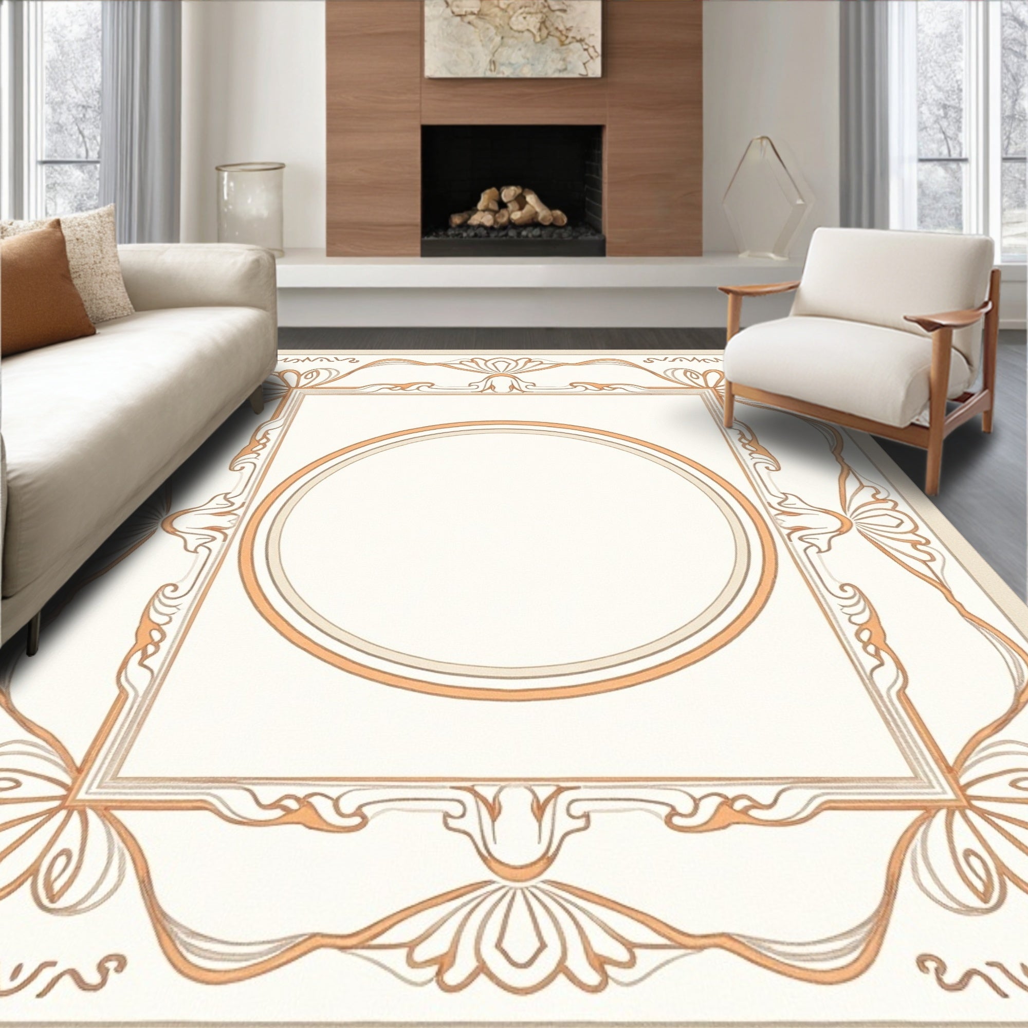Cream and Coral Oval Frame Art Nouveau Rug