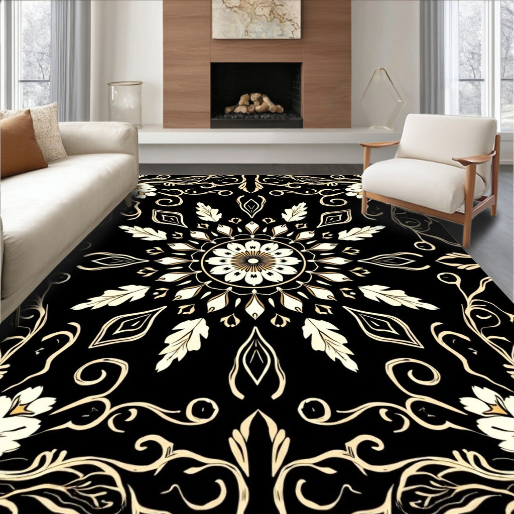Classic Floral Mandala Black Gold Rug