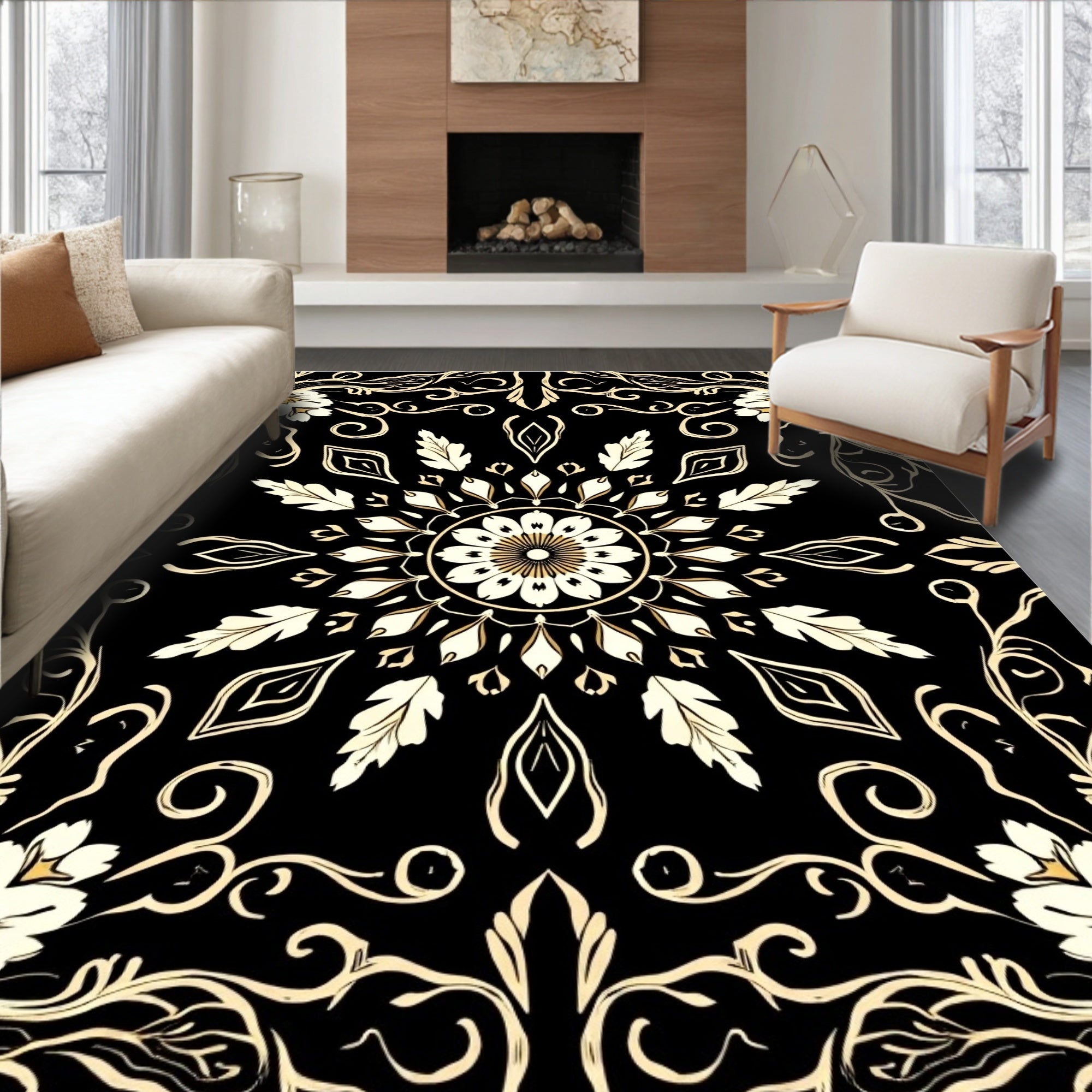 Classic Floral Mandala Black Gold Rug