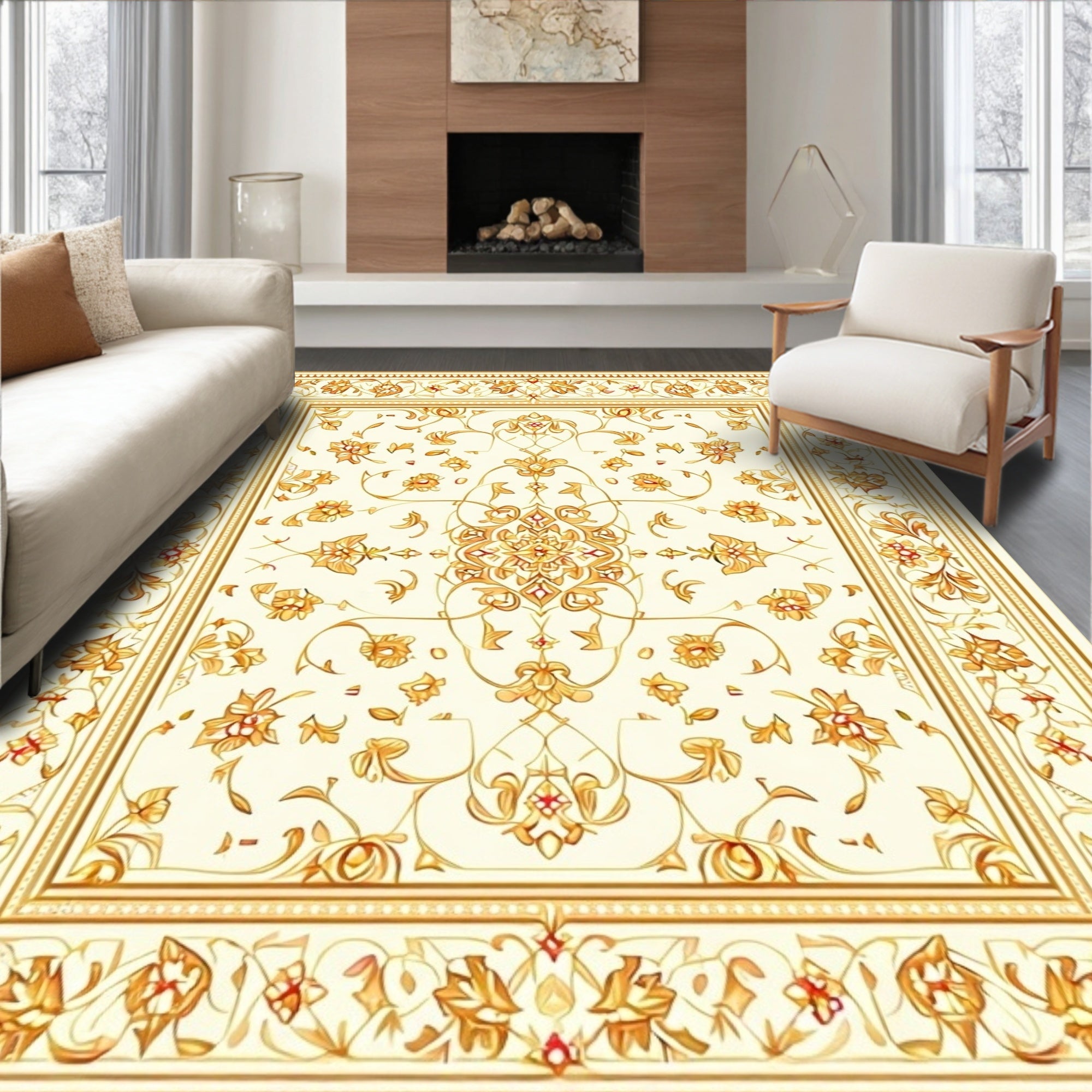 Elaborate Golden Floral Ornament Rug