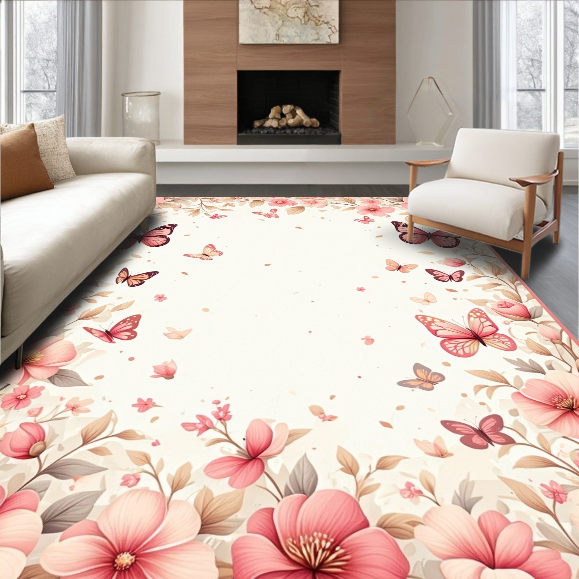 Pink Floral Butterfly Garden Design Rug