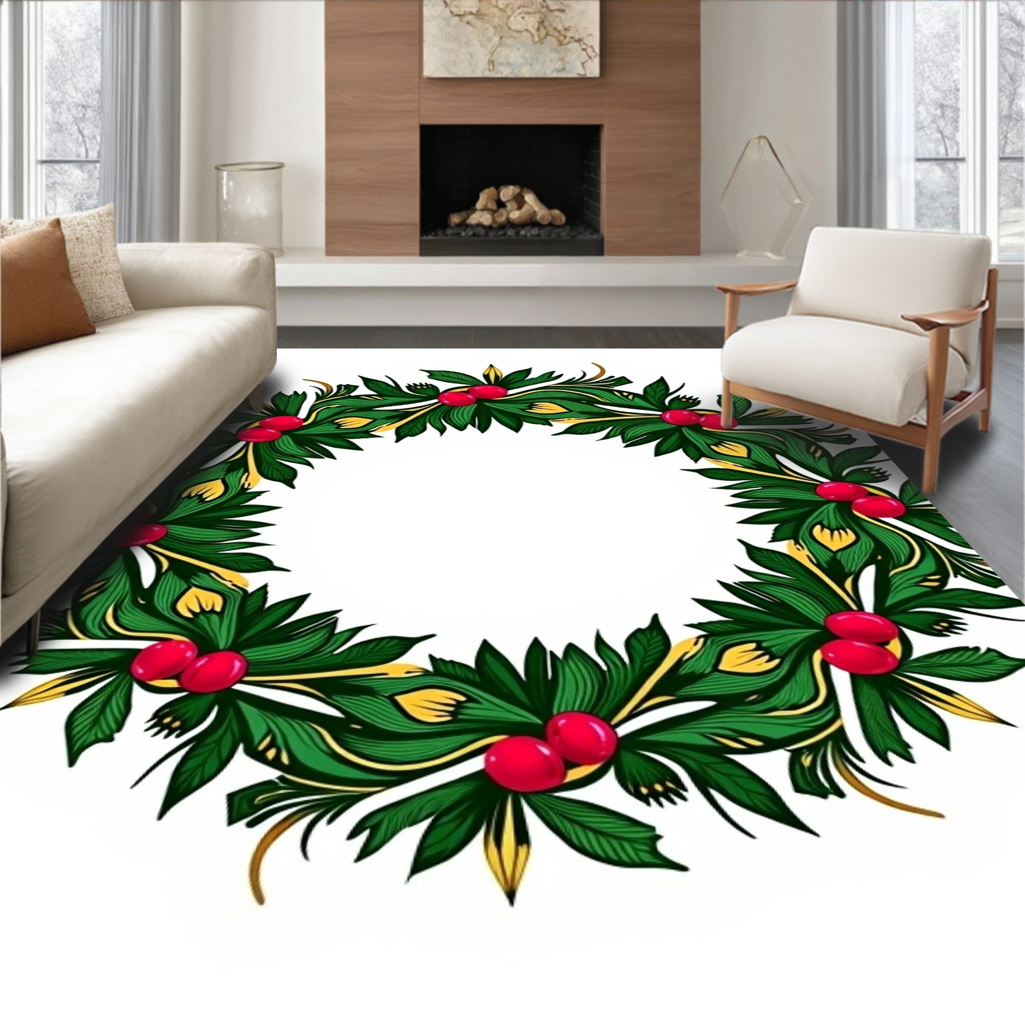 Vibrant Green Red Berry Garland Rug