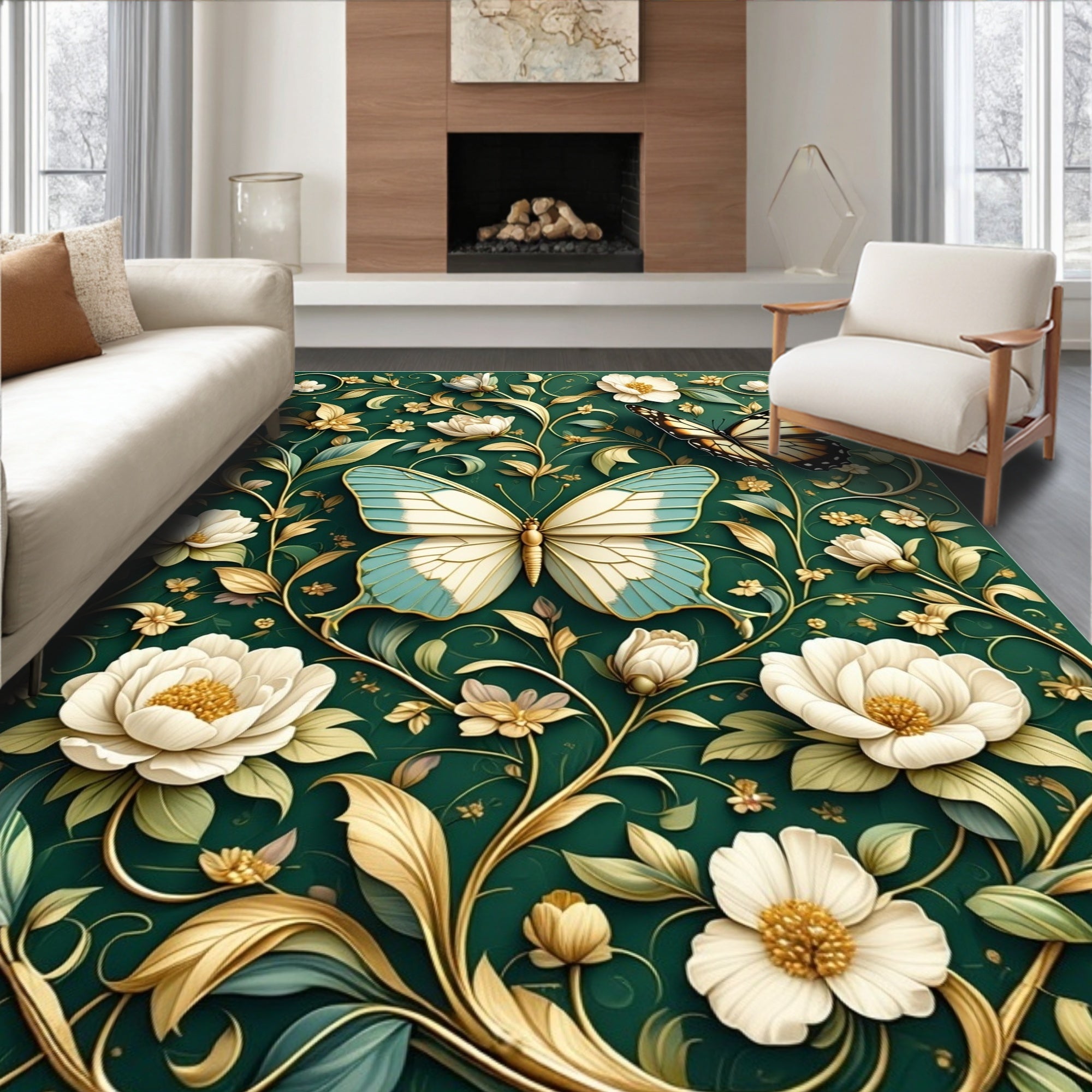 Emerald Green Butterfly Floral Pattern Rug
