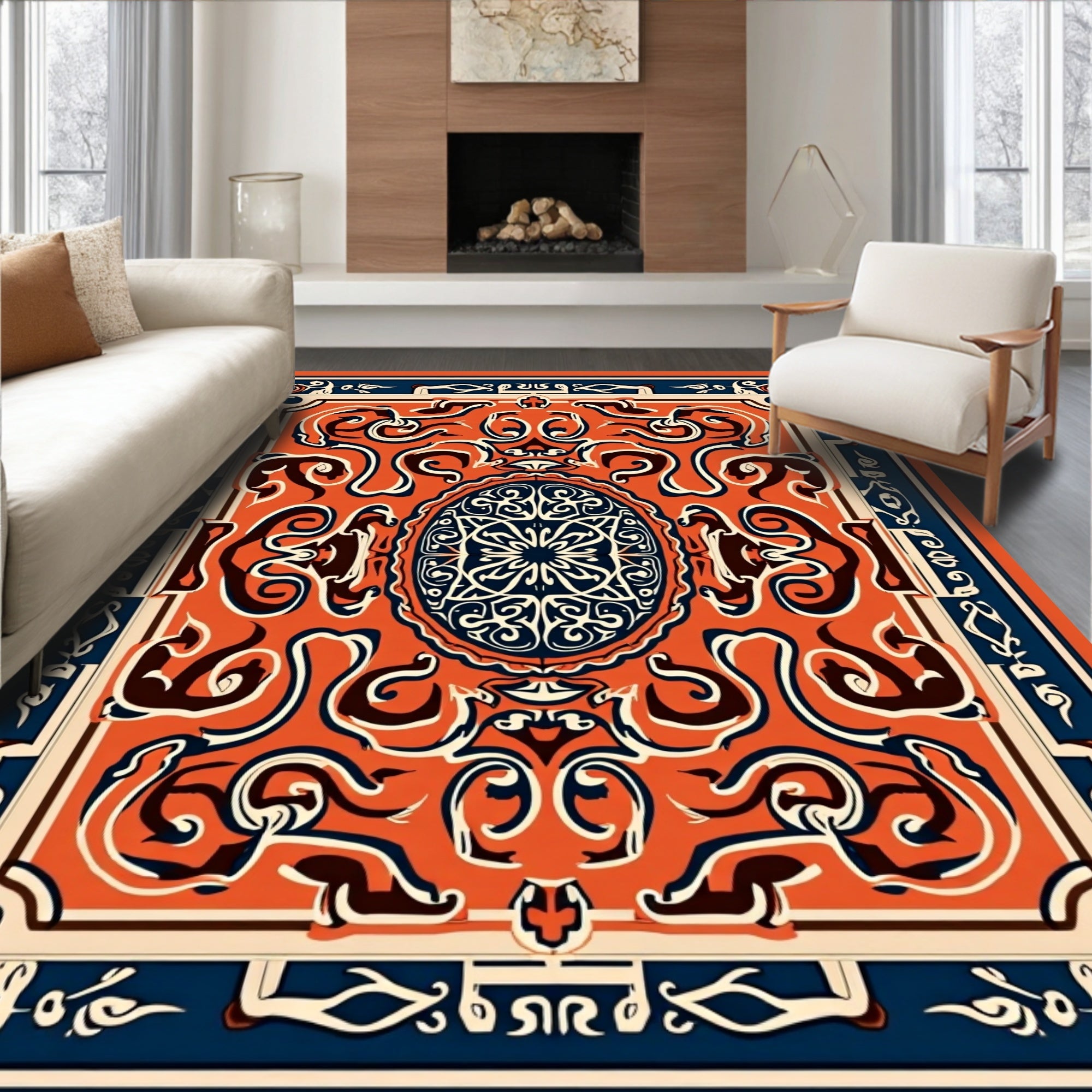 Intricate Orange Blue Floral Medallion Rug