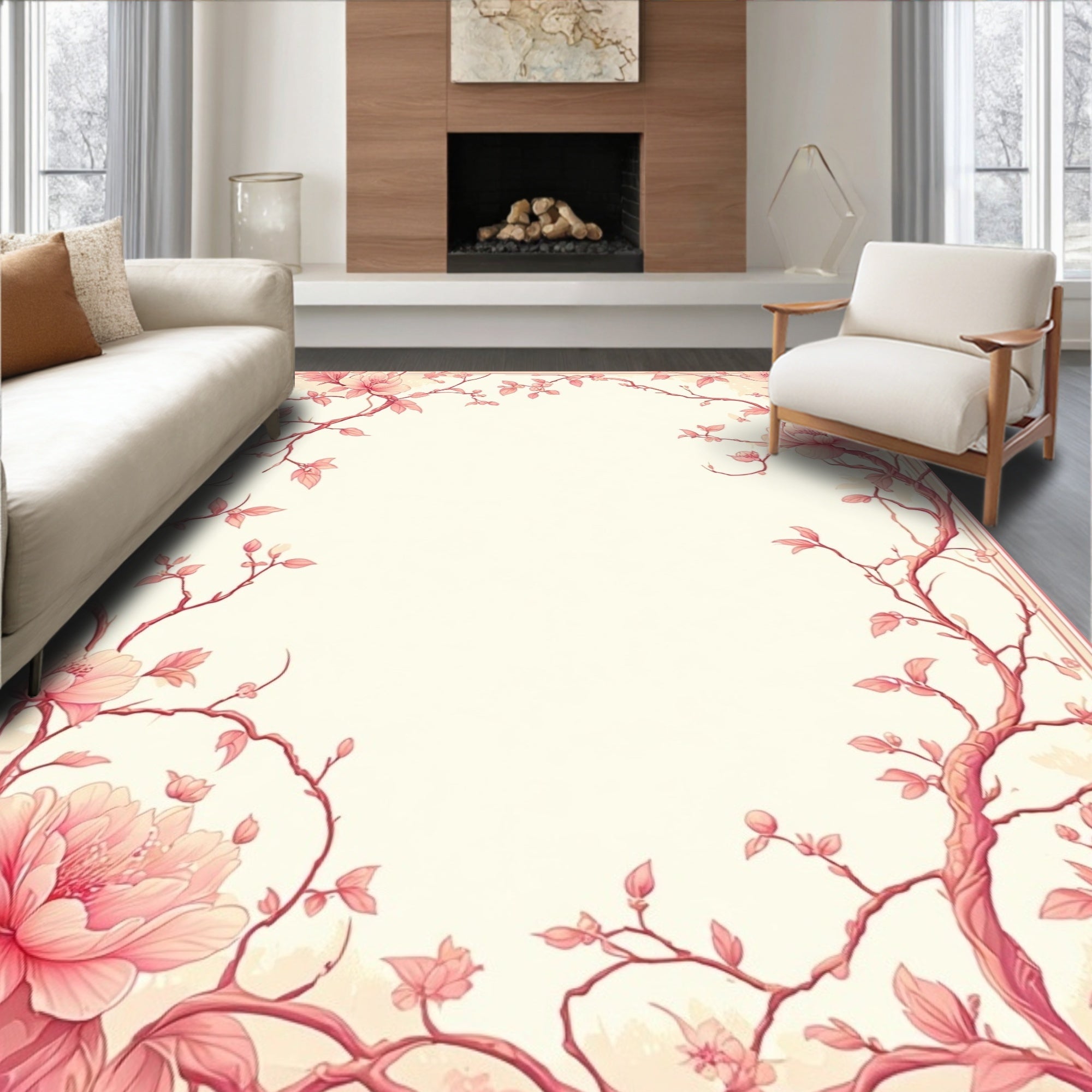 Pink Floral Branches Delightful Pattern Rug