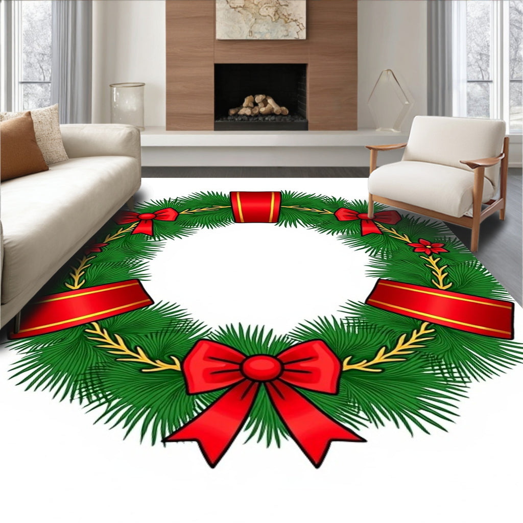 Festive Red Bow Green Pine Wreath Rug