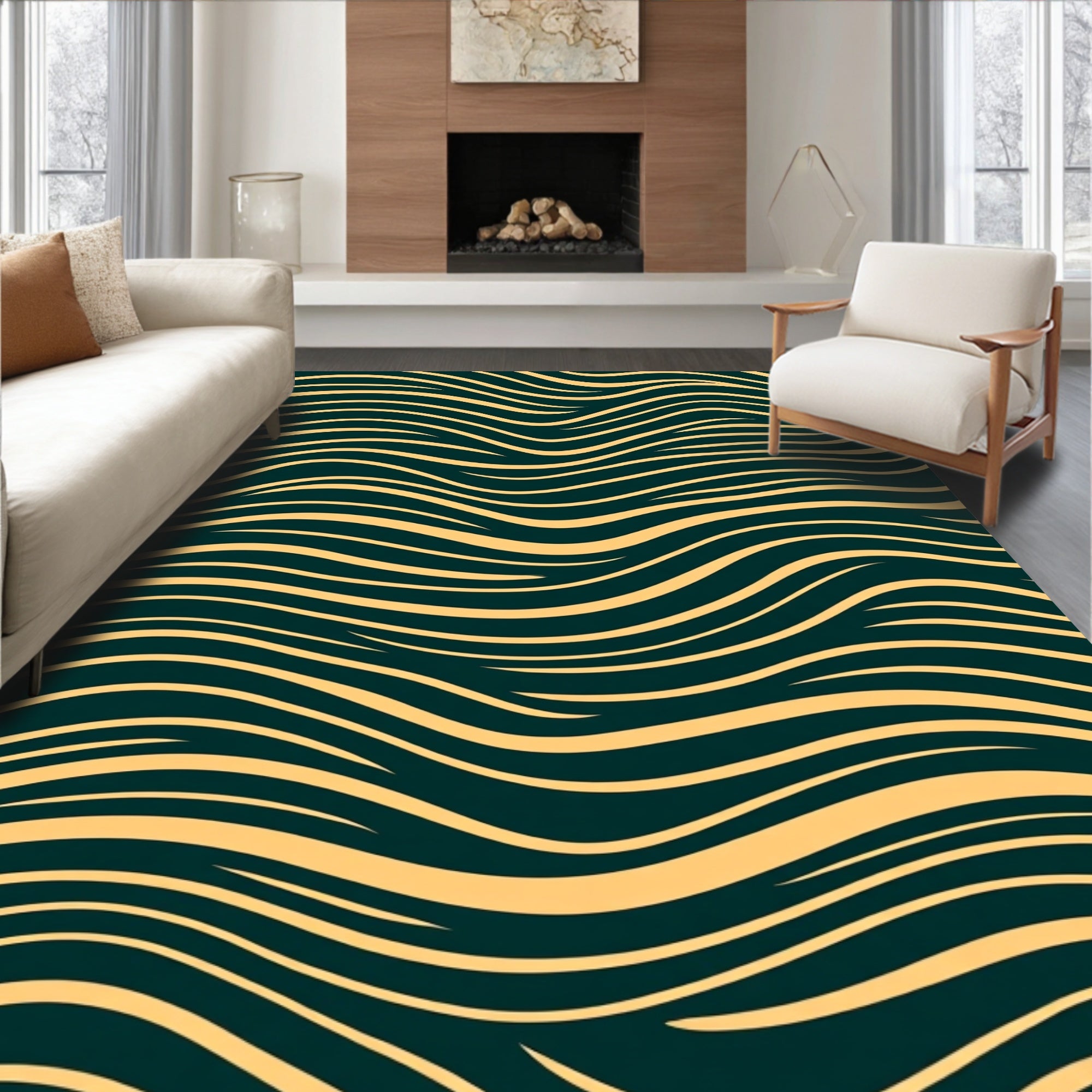 Dark Teal Golden Flowing Waves Rug