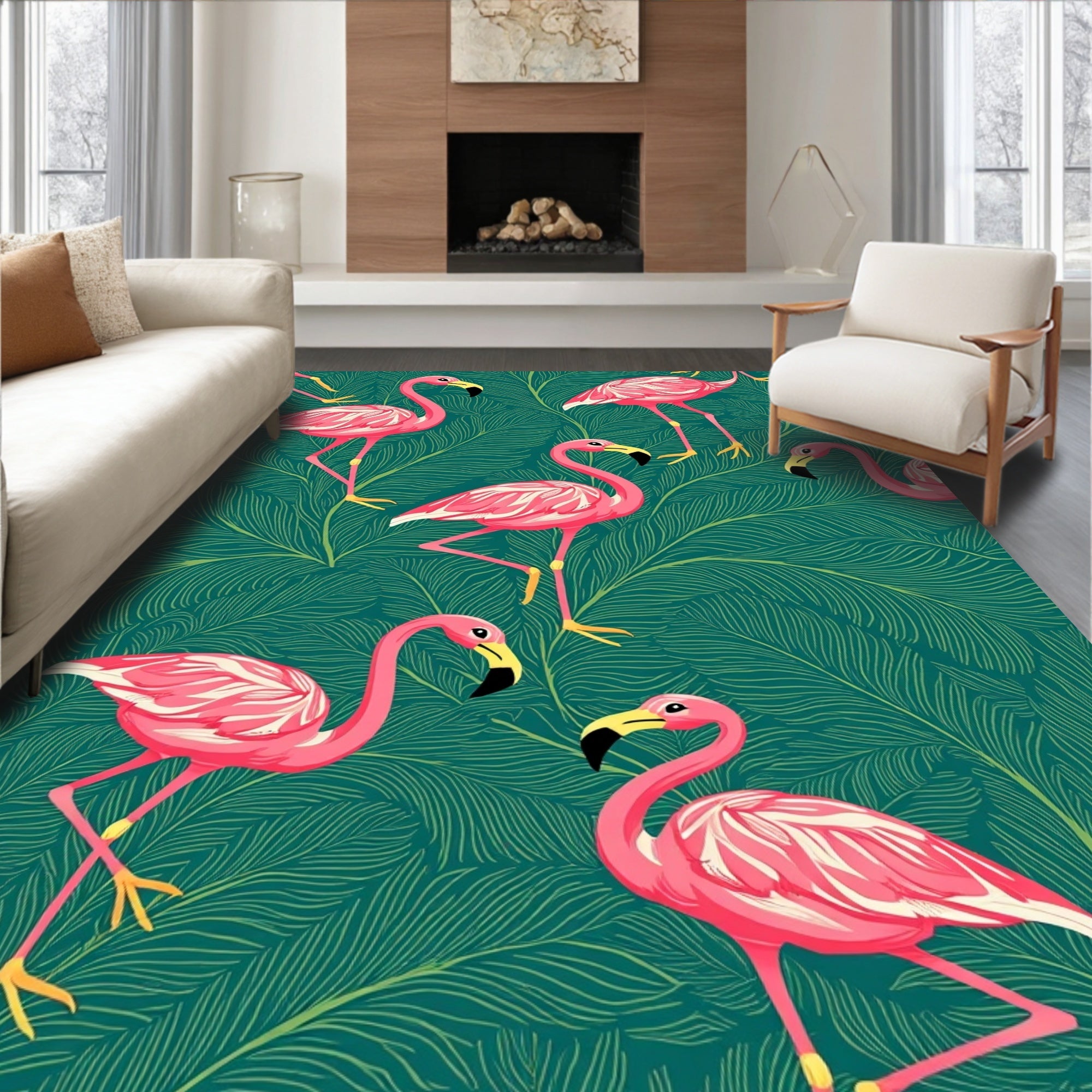 Pink Flamingo Tropical Leaf Pattern Rug