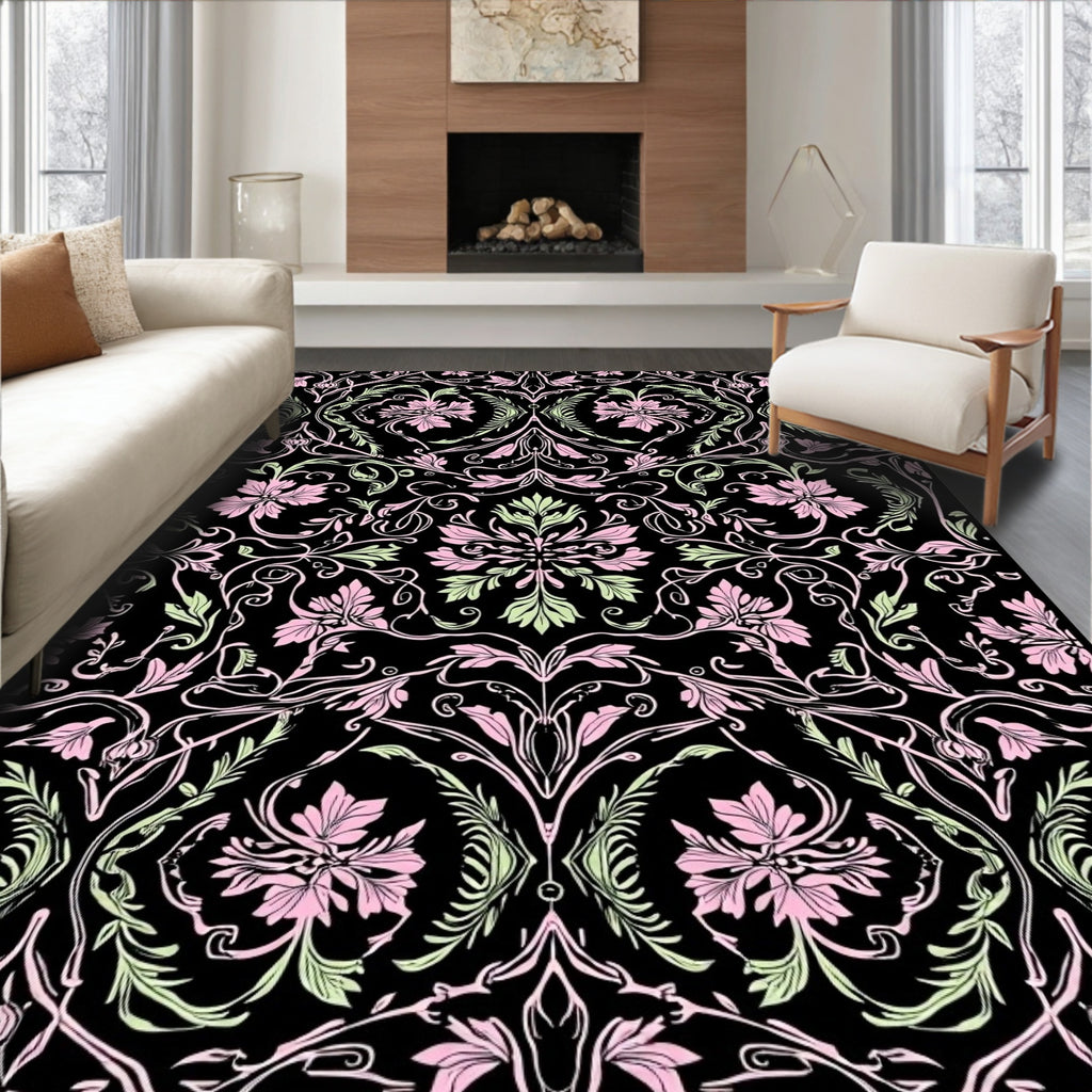 Pink and Green Floral Vines Pattern Rug
