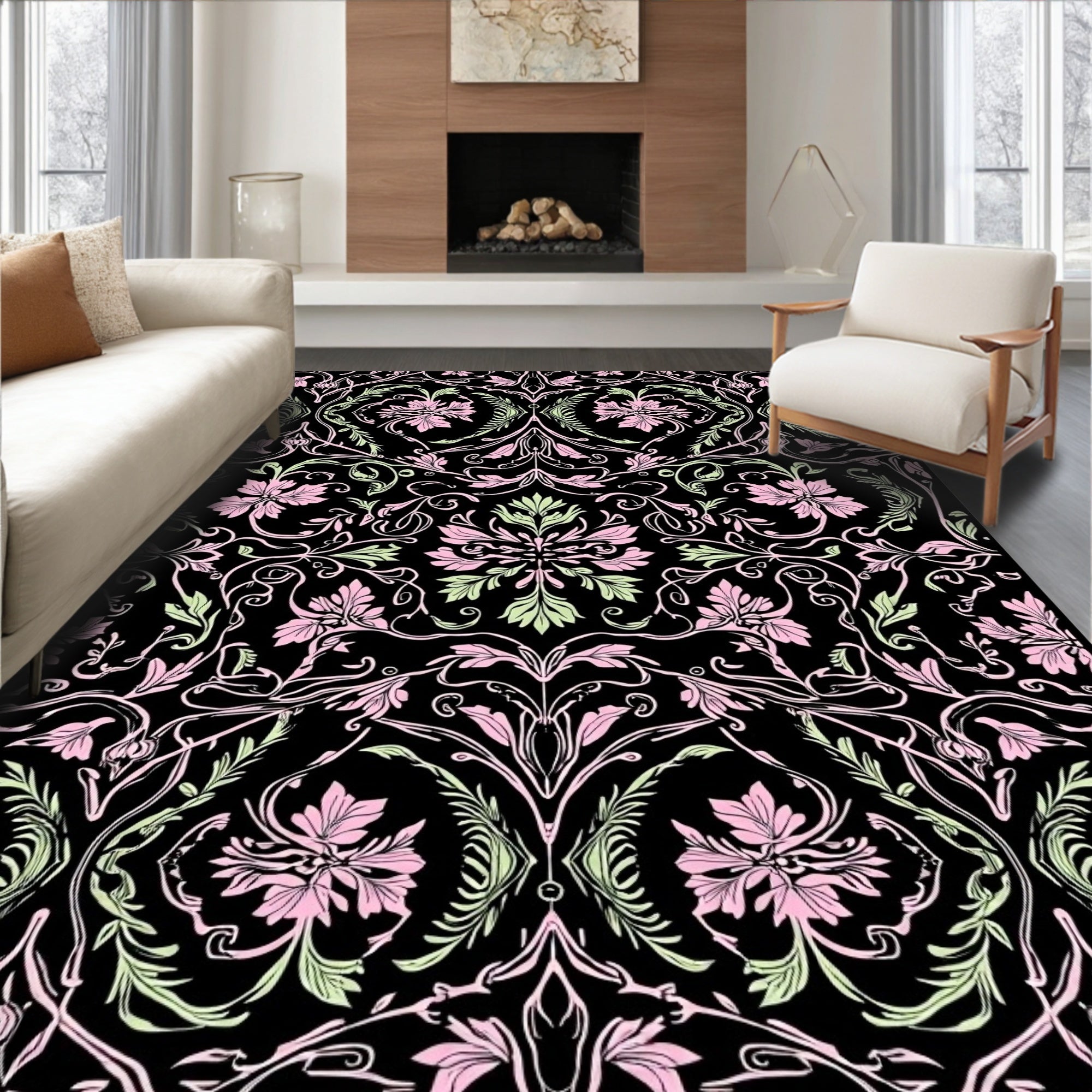 Pink and Green Floral Vines Pattern Rug