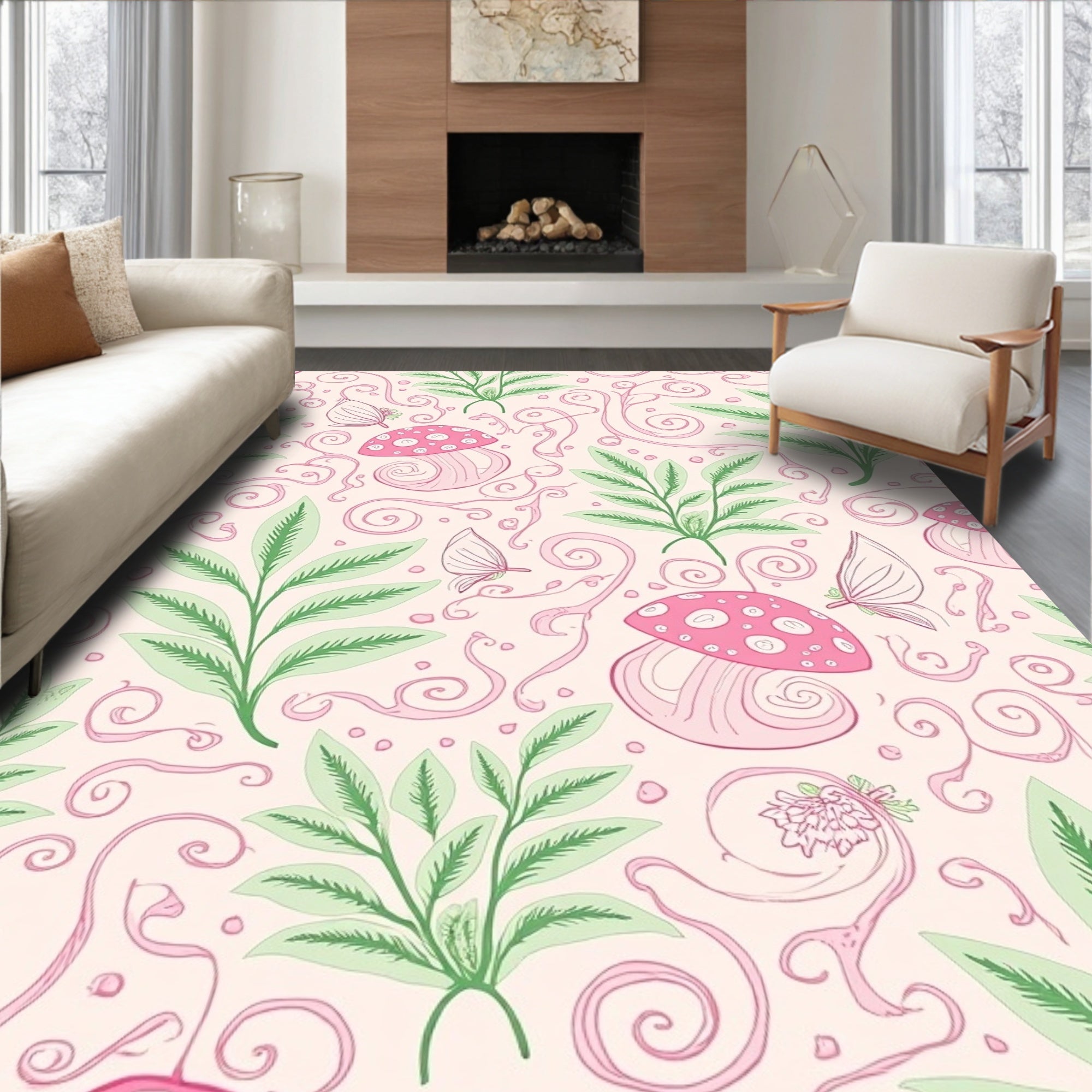 Whimsical Pink Mushroom Leaf Pattern Rug