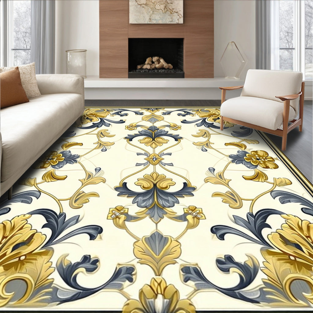 Golden Blue Ornate Floral Pattern Rug