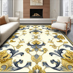Golden Blue Ornate Floral Pattern Rug