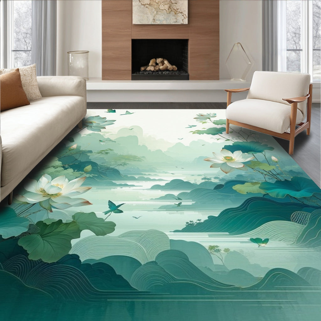 Misty Mountain Lotus Bird Scenic Rug