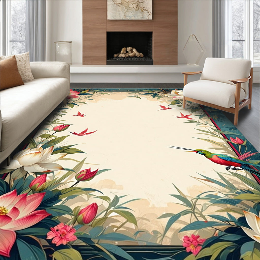 Vibrant Floral Hummingbird Scene Rug