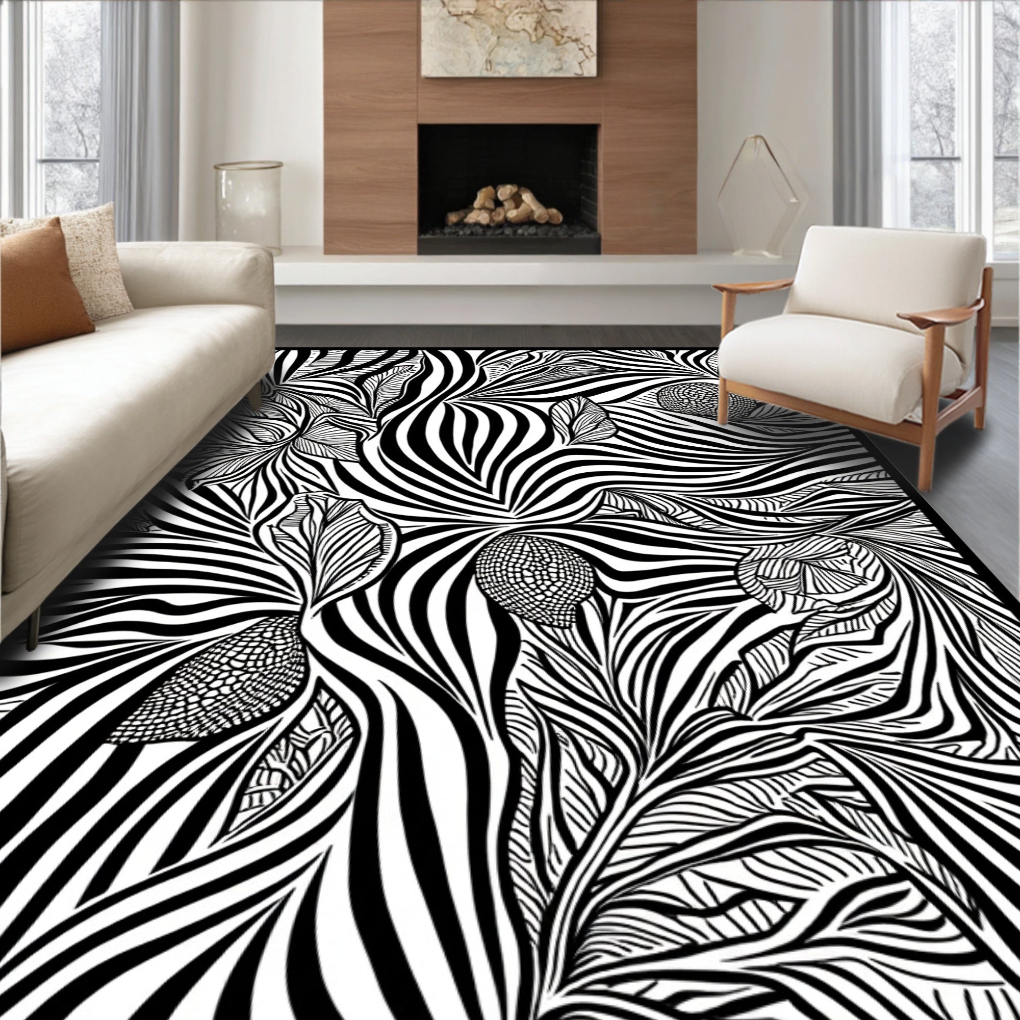 Bold Black White Floral Waves Rug