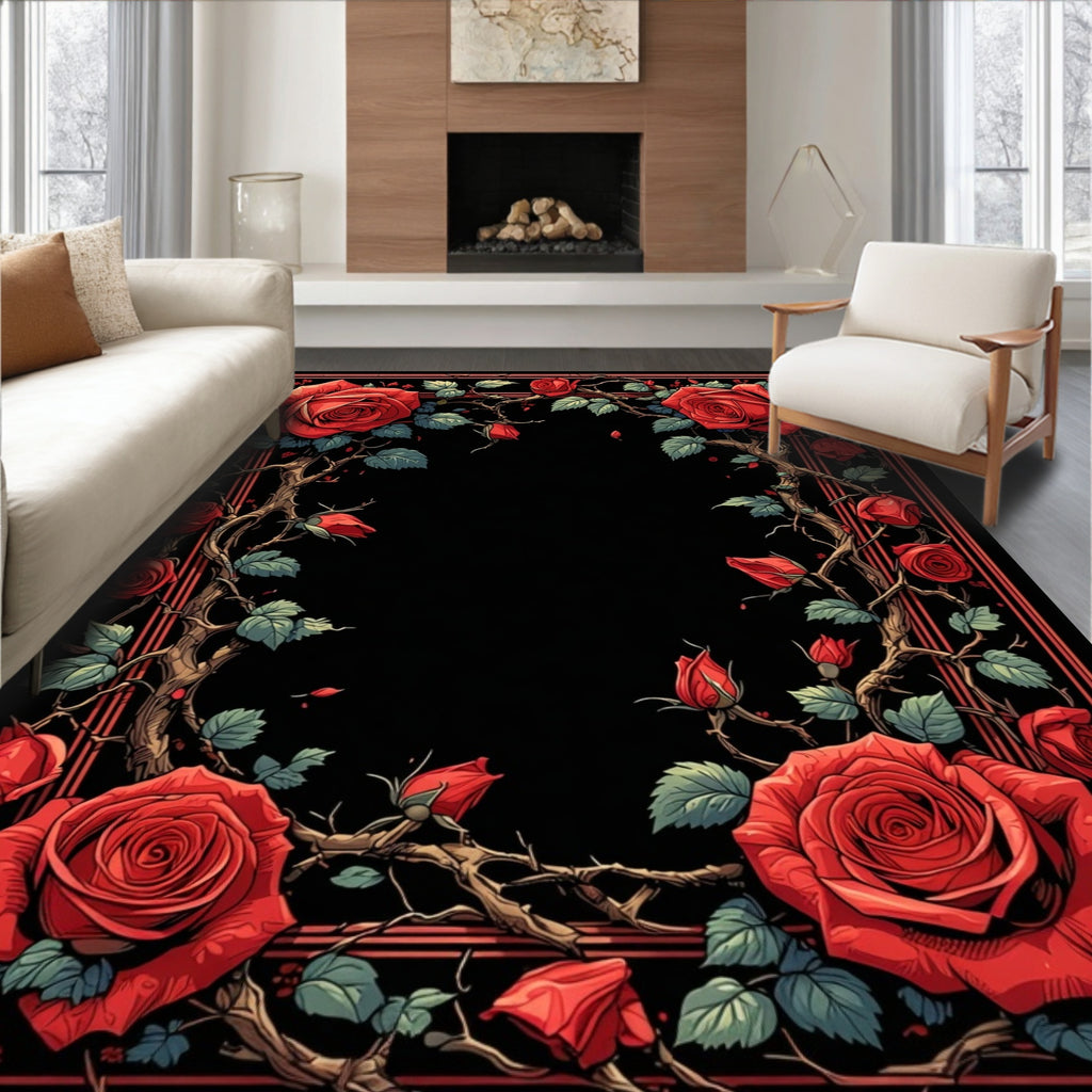 Vintage Red Roses With Thorns Pattern Rug