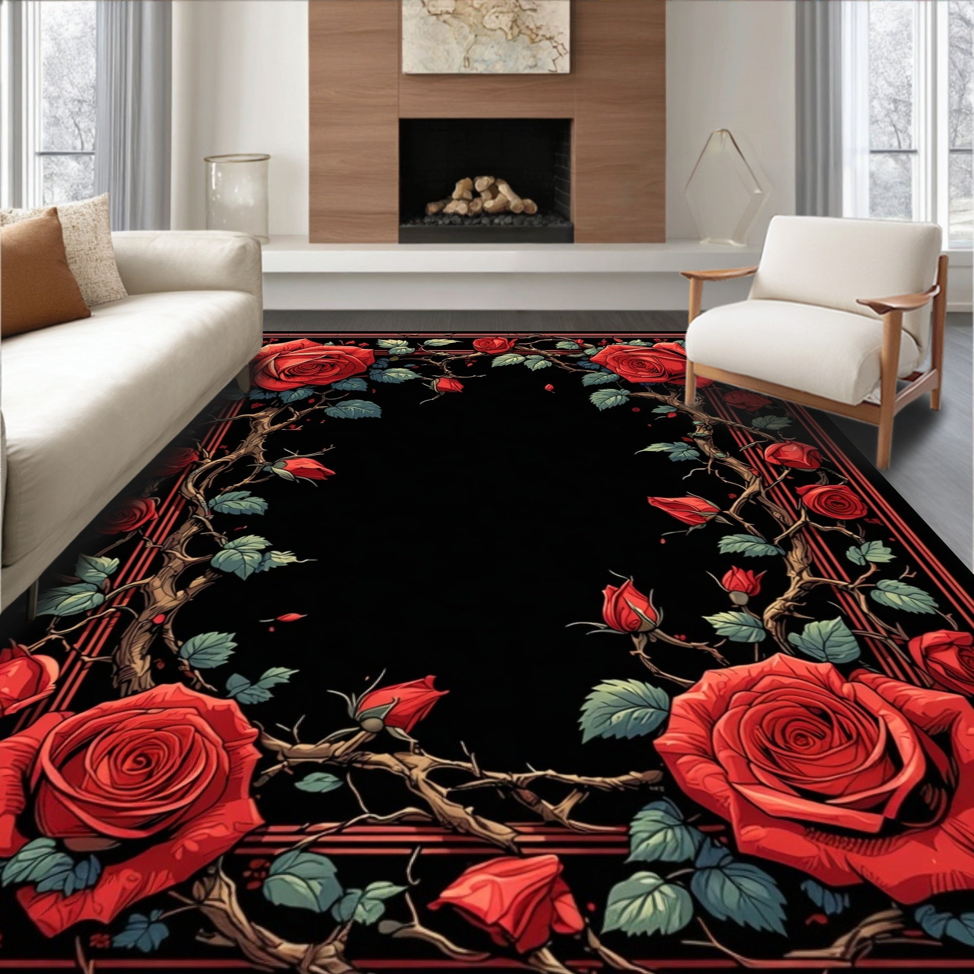 Vintage Red Roses With Thorns Pattern Rug