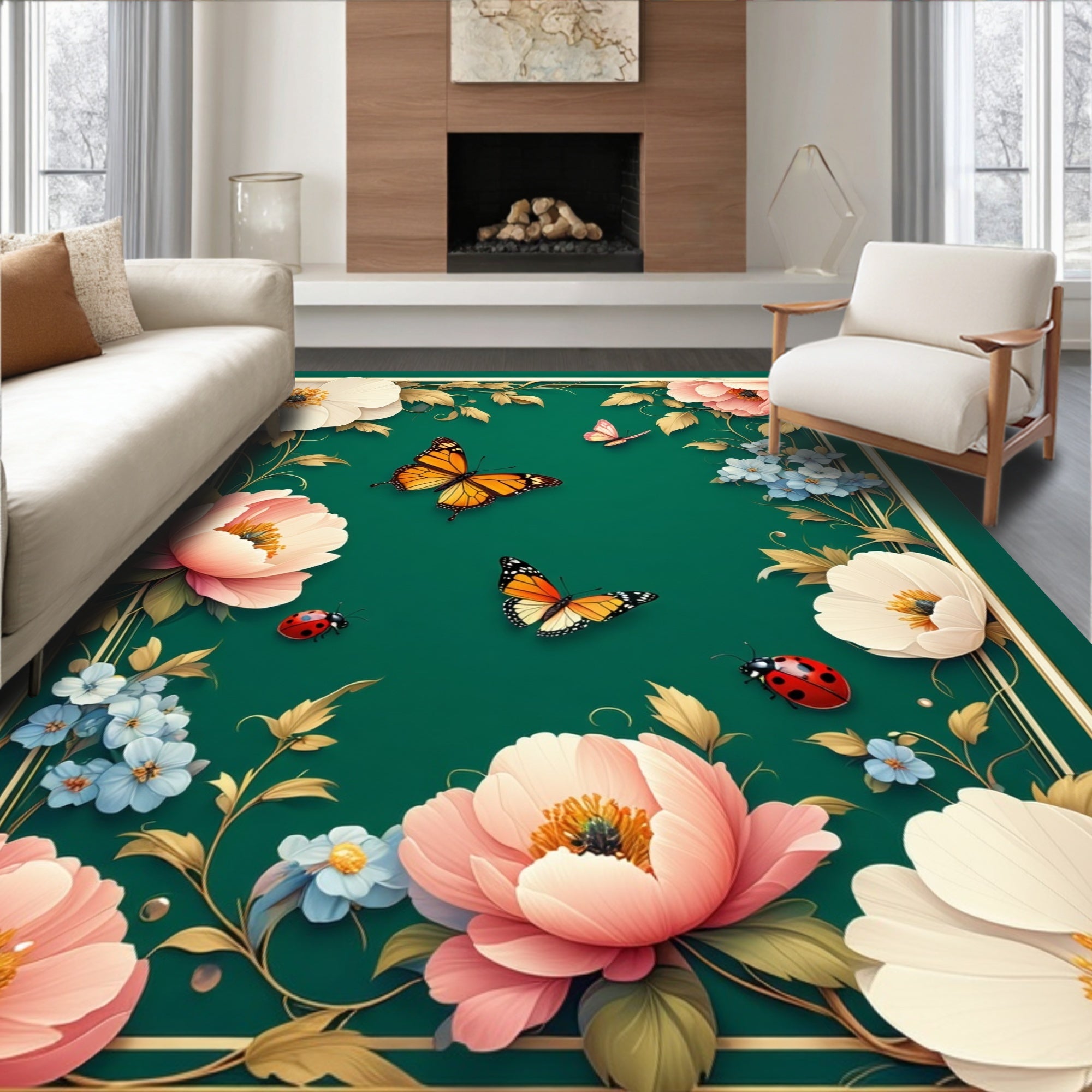 Floral Butterflies Garden Pattern Rug