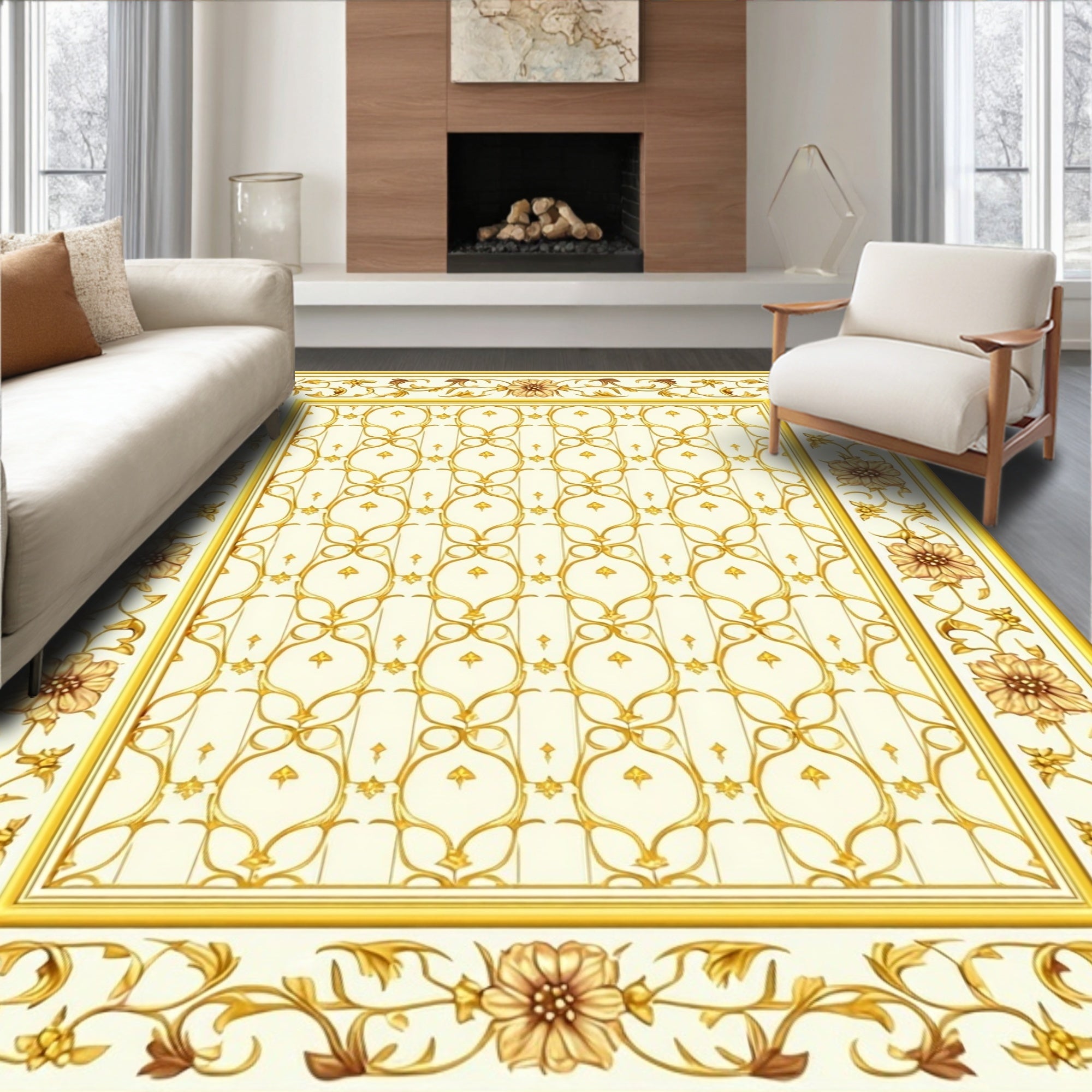 Golden Floral Vine Intricate Pattern Rug