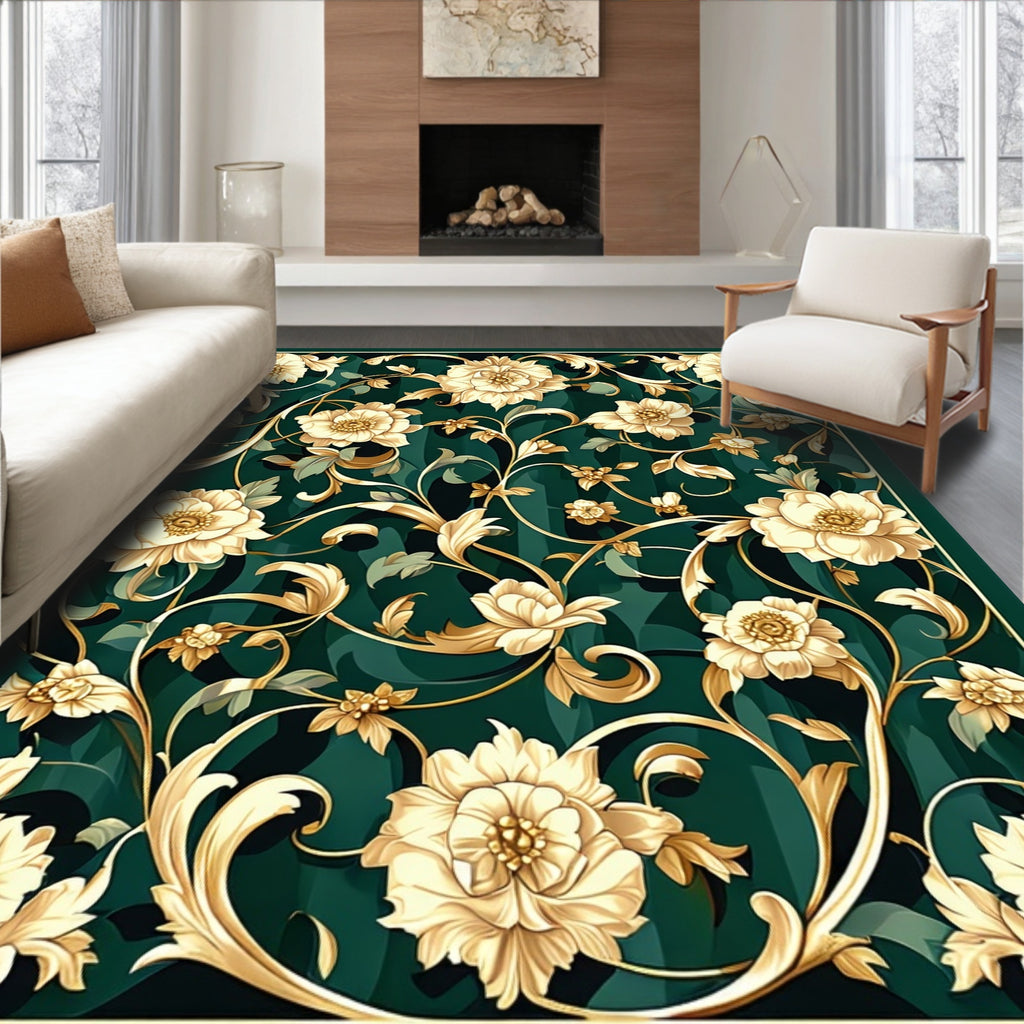Elegant Floral Swirls Cream Green Rug