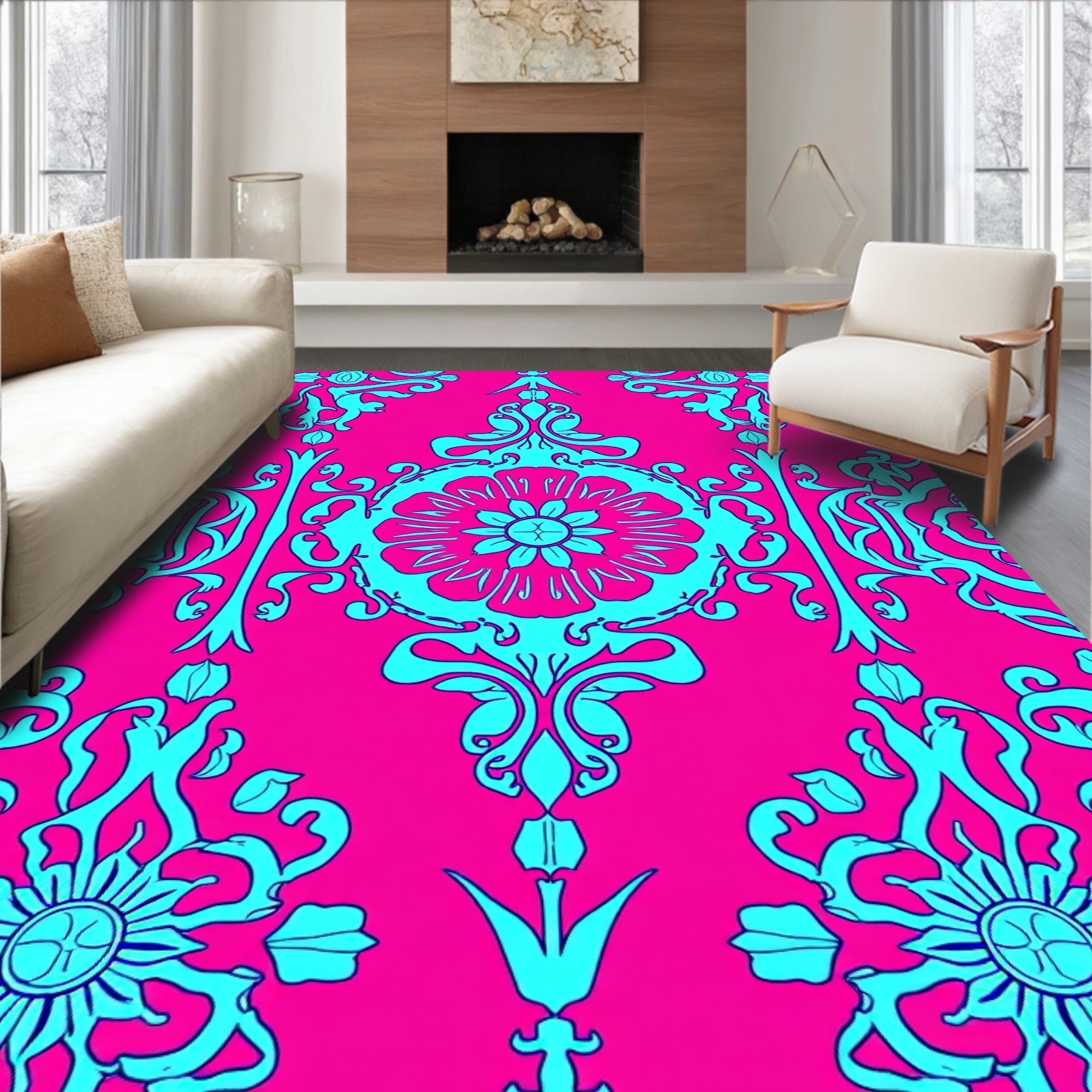 Fuchsia And Aqua Floral Damask Pattern Rug