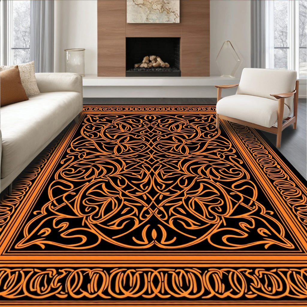 Intricate Orange Intertwined Floral Design Rug