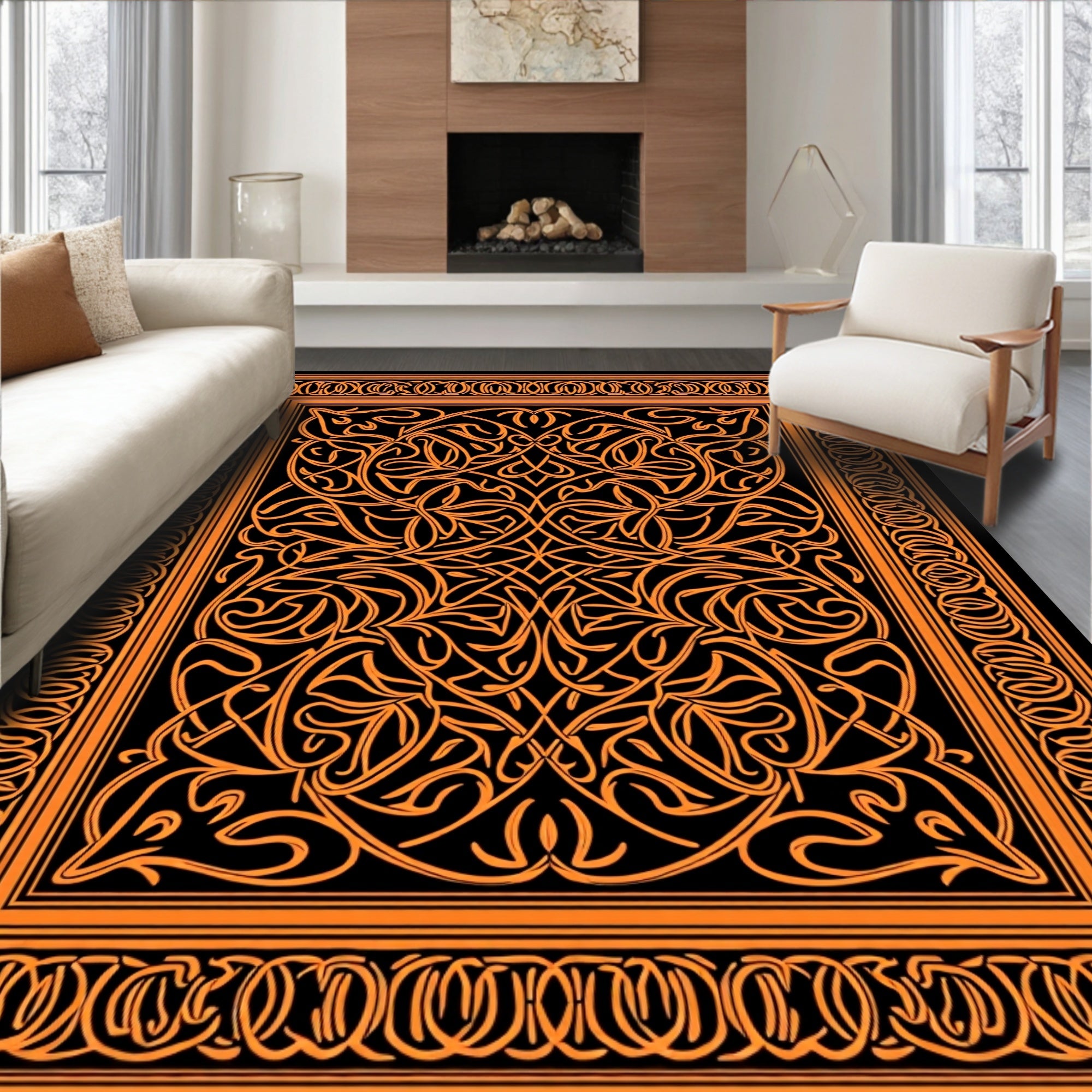 Intricate Orange Intertwined Floral Design Rug