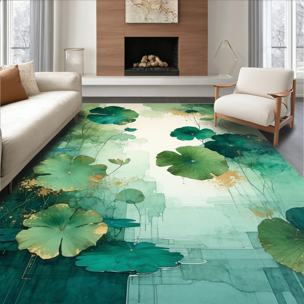 Emerald Lotus Botanical Watercolor Design Rug