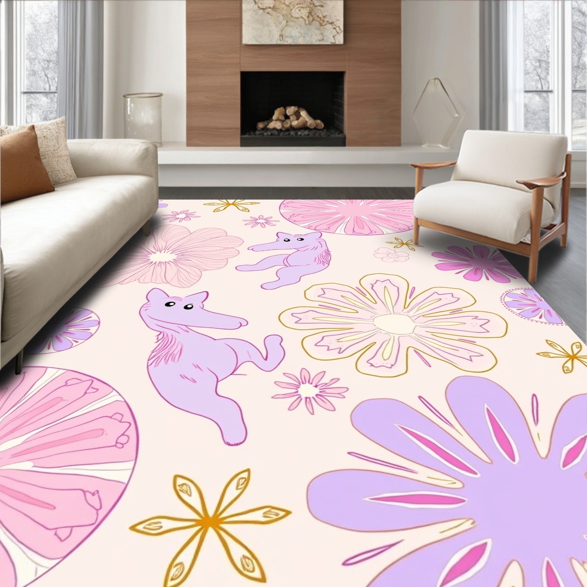 Playful Purple Animal Flower Pattern Rug