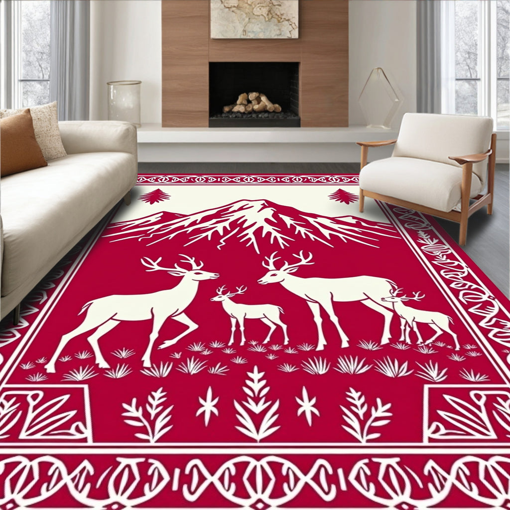 Crimson Deer Family Mountain Scene Rug