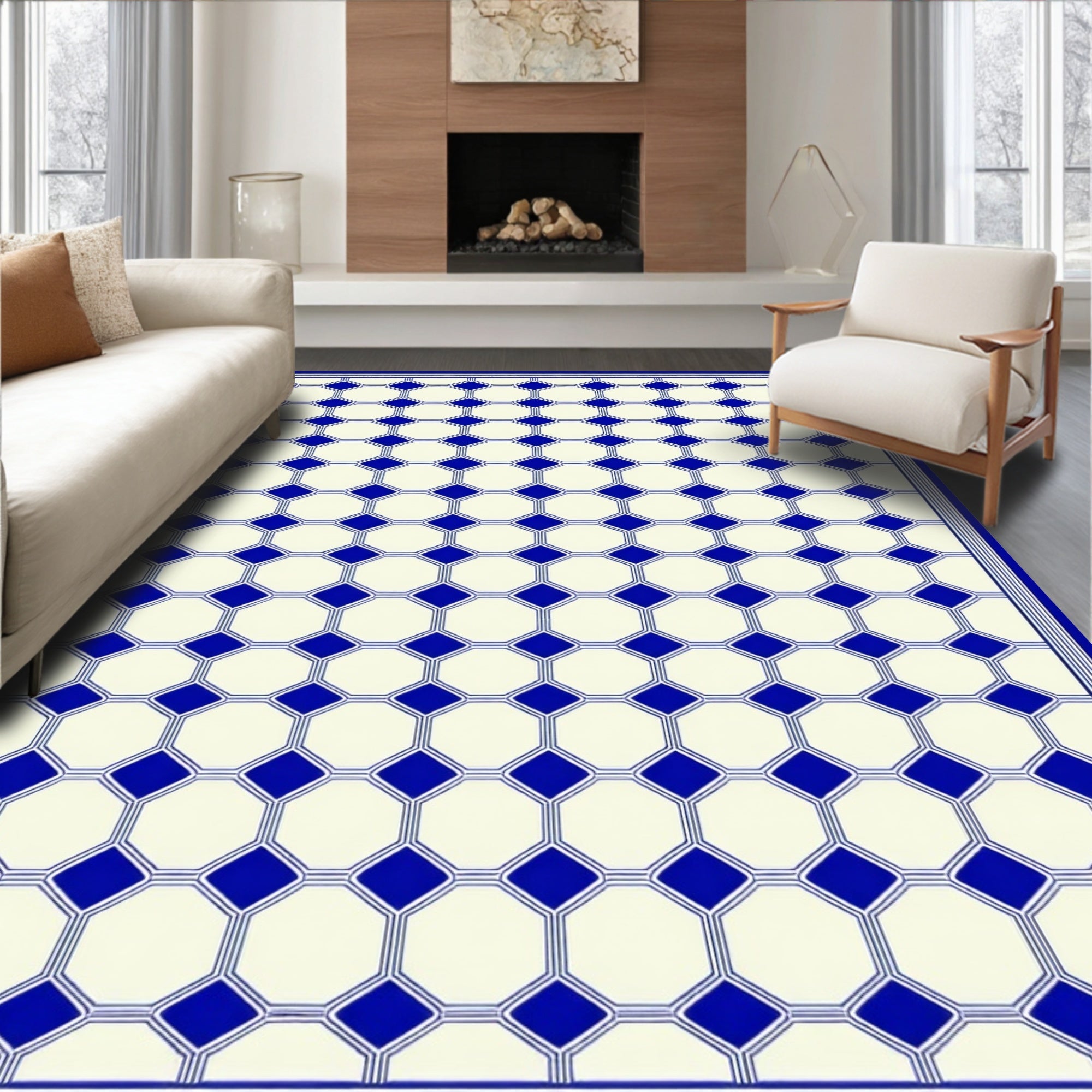 Classic Blue Geometric Lattice Pattern Rug