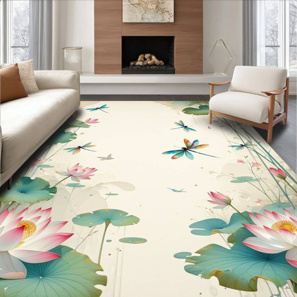 Dragonflies and Lotus Flowers Tranquil Design Rug