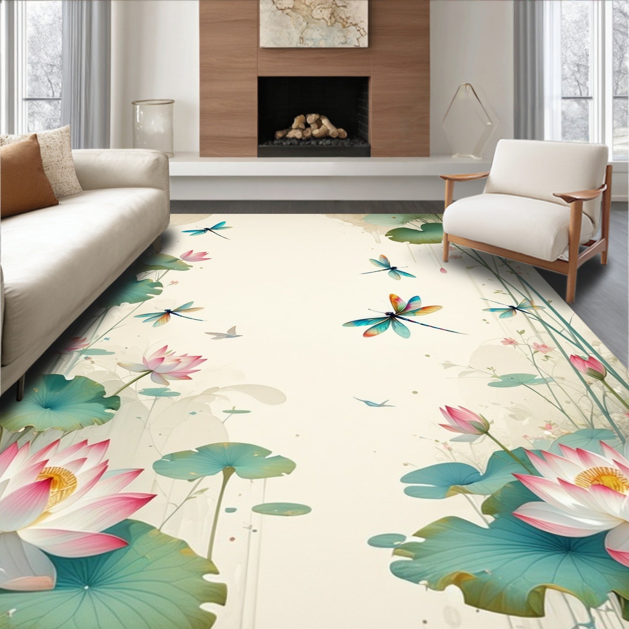 Dragonflies and Lotus Flowers Tranquil Design Rug