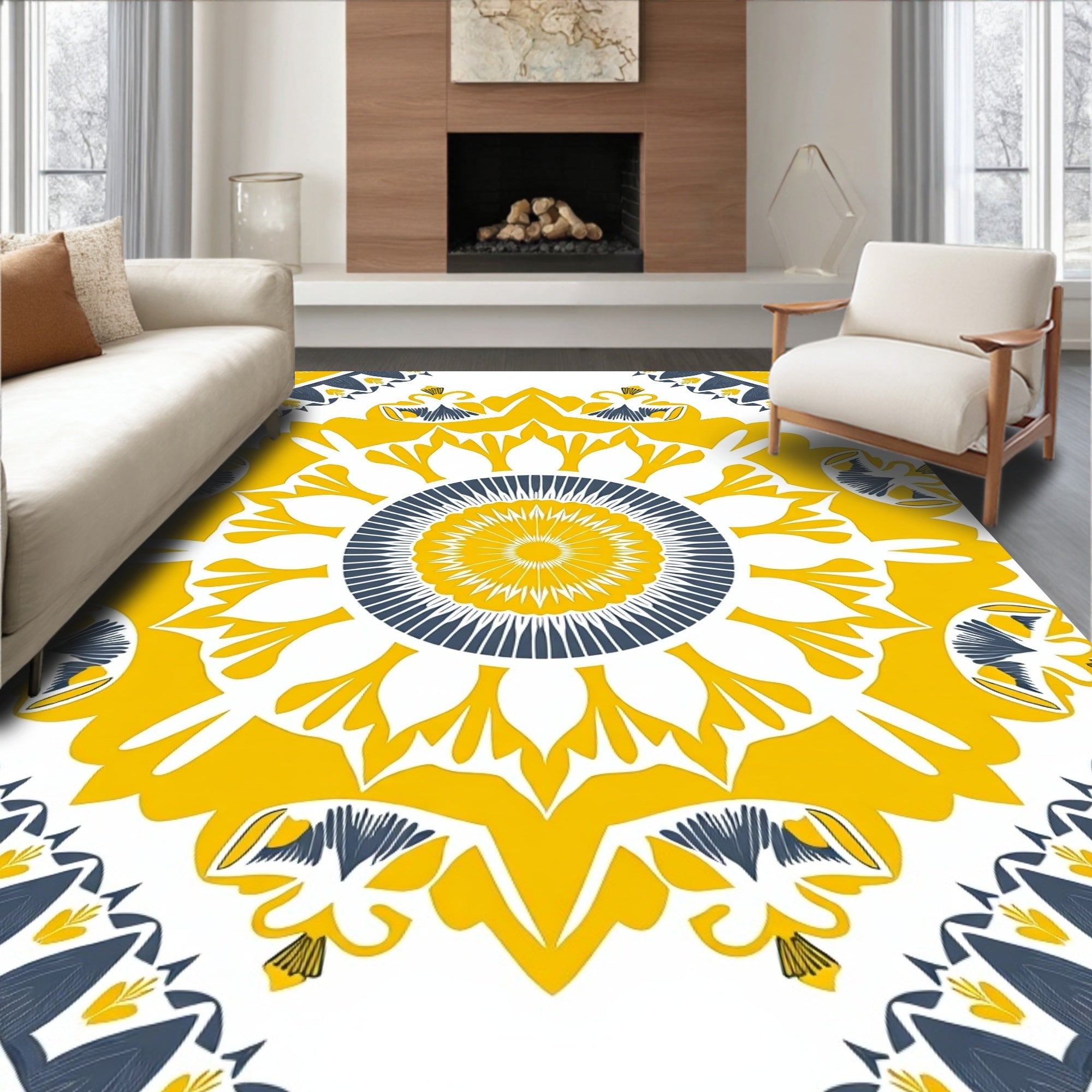 Bold Yellow Blue Floral Mandala Design Rug
