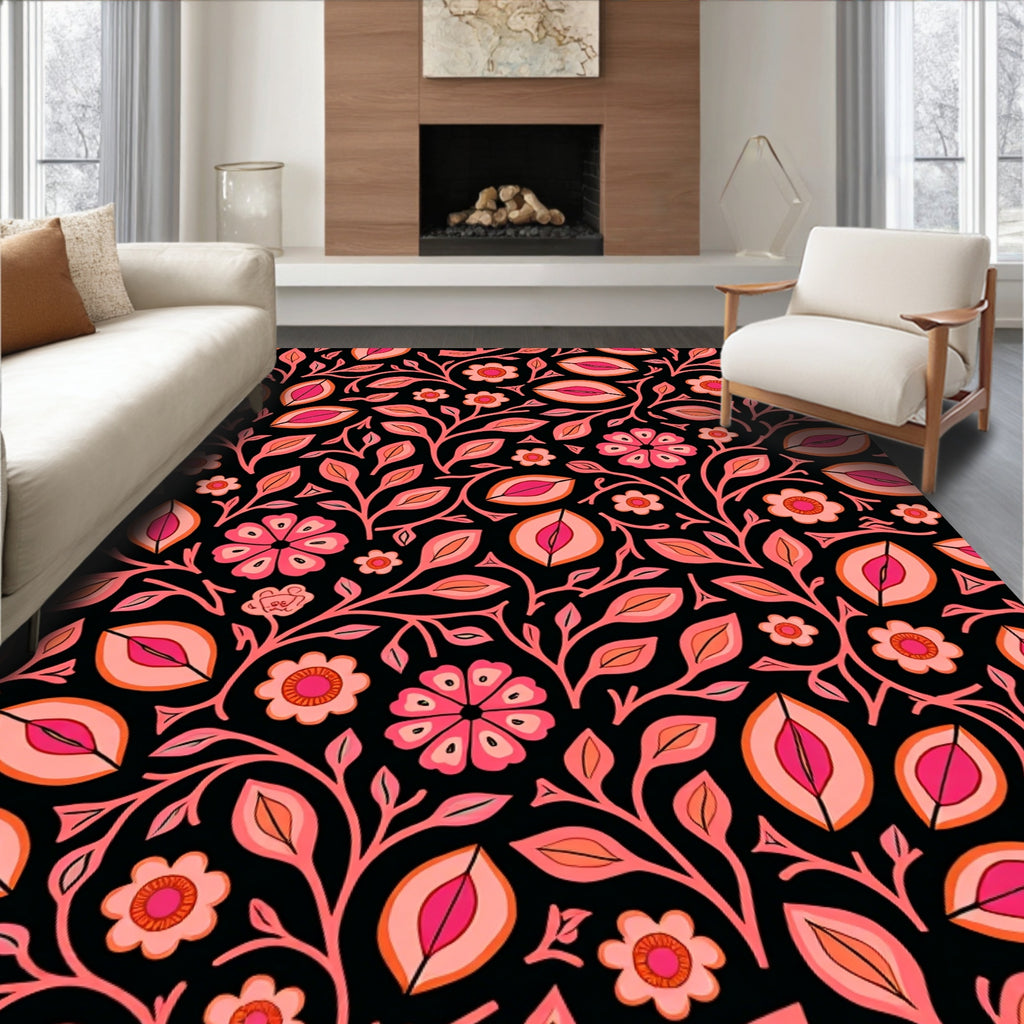 Pink Floral Leaf Vine Pattern Rug