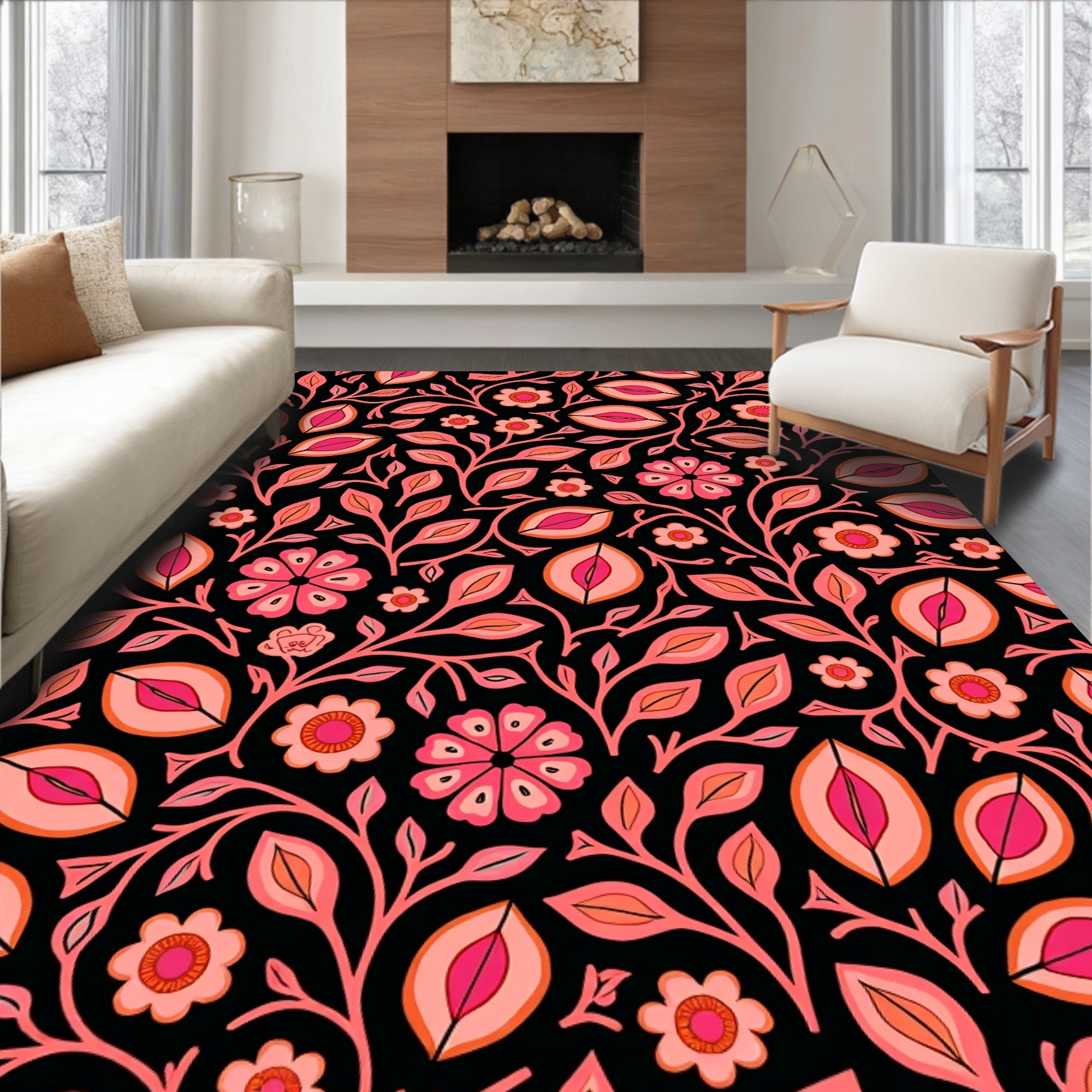 Pink Floral Leaf Vine Pattern Rug