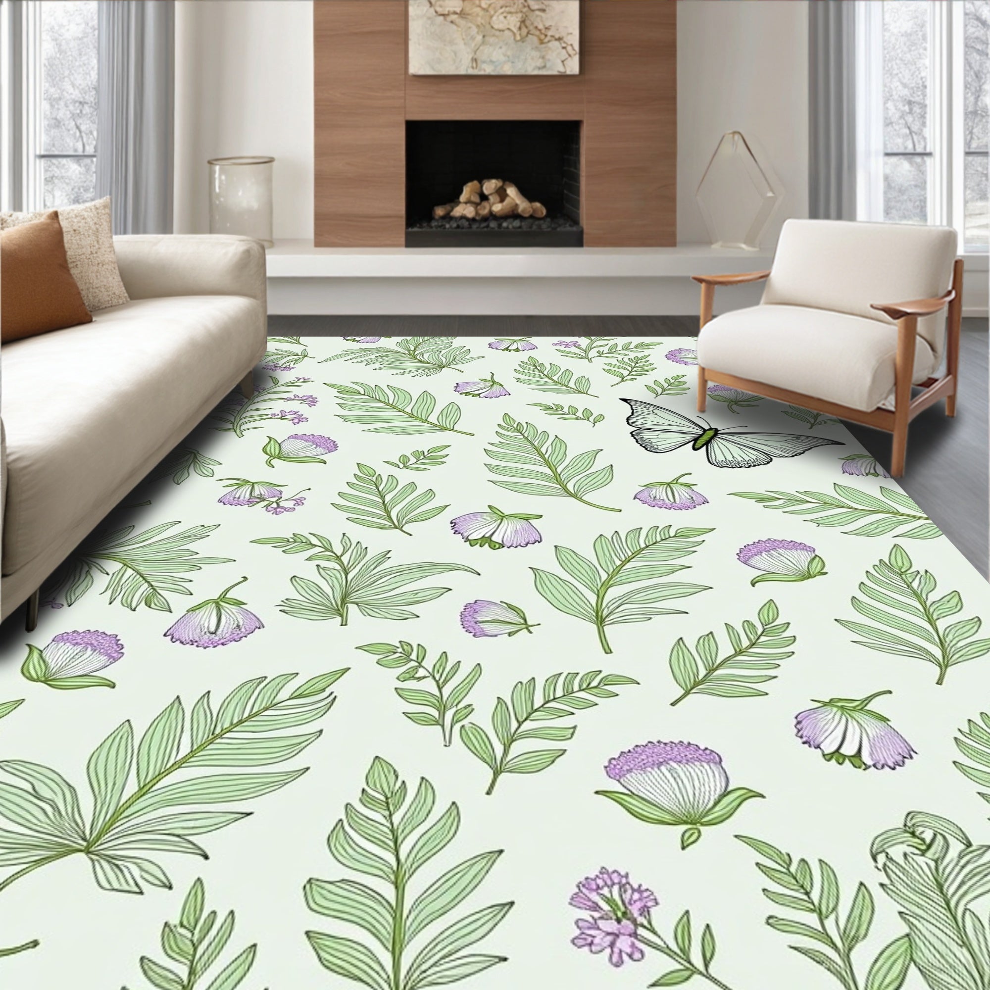 Nature's Garden Butterfly Botanical Pattern Rug