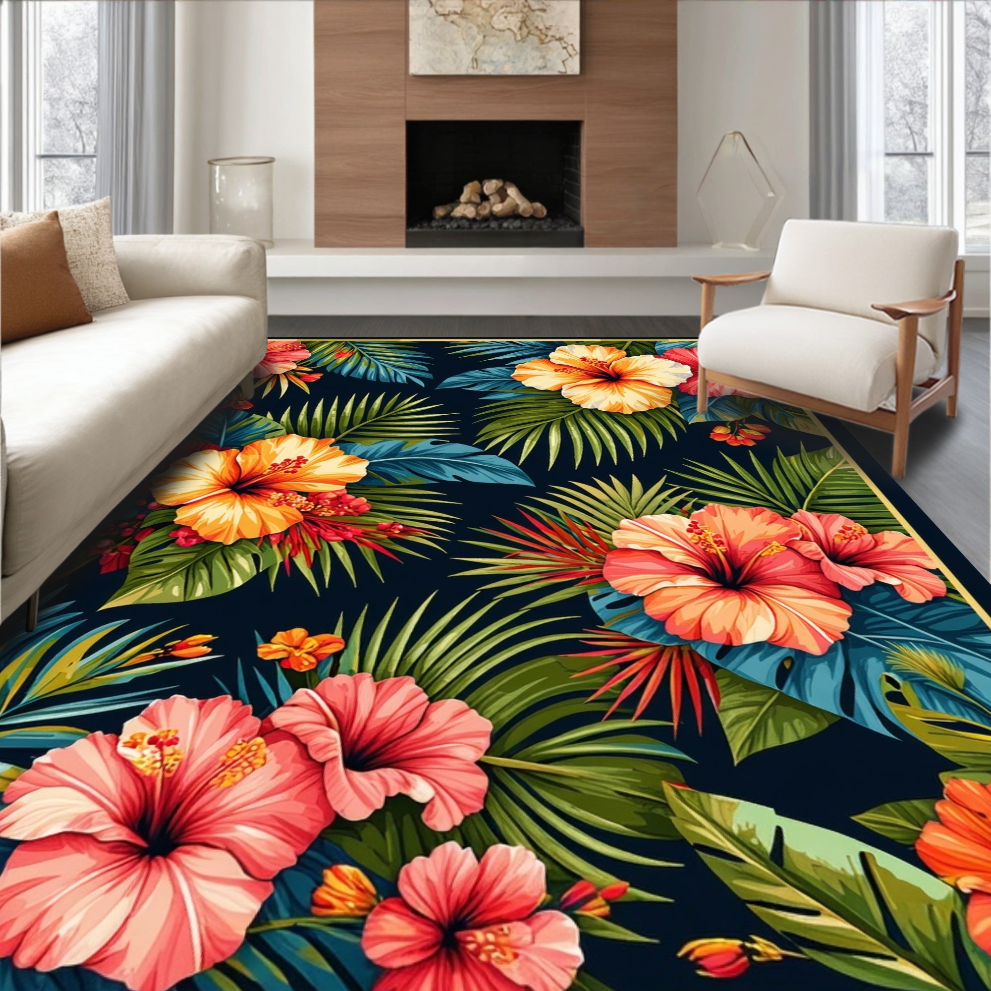 Vibrant Tropical Hibiscus Floral Pattern Rug