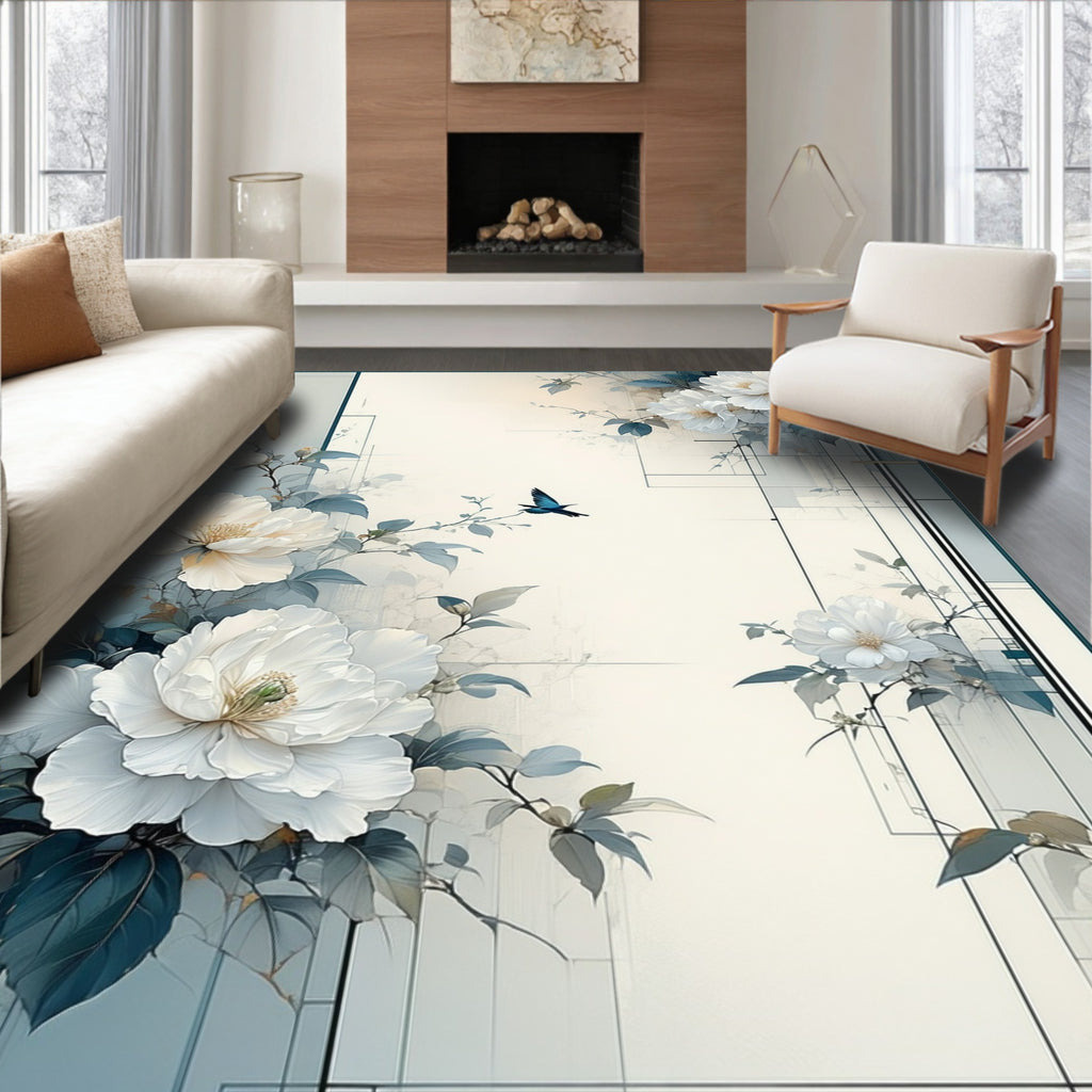 Delicate Floral Bird Garden Design Rug