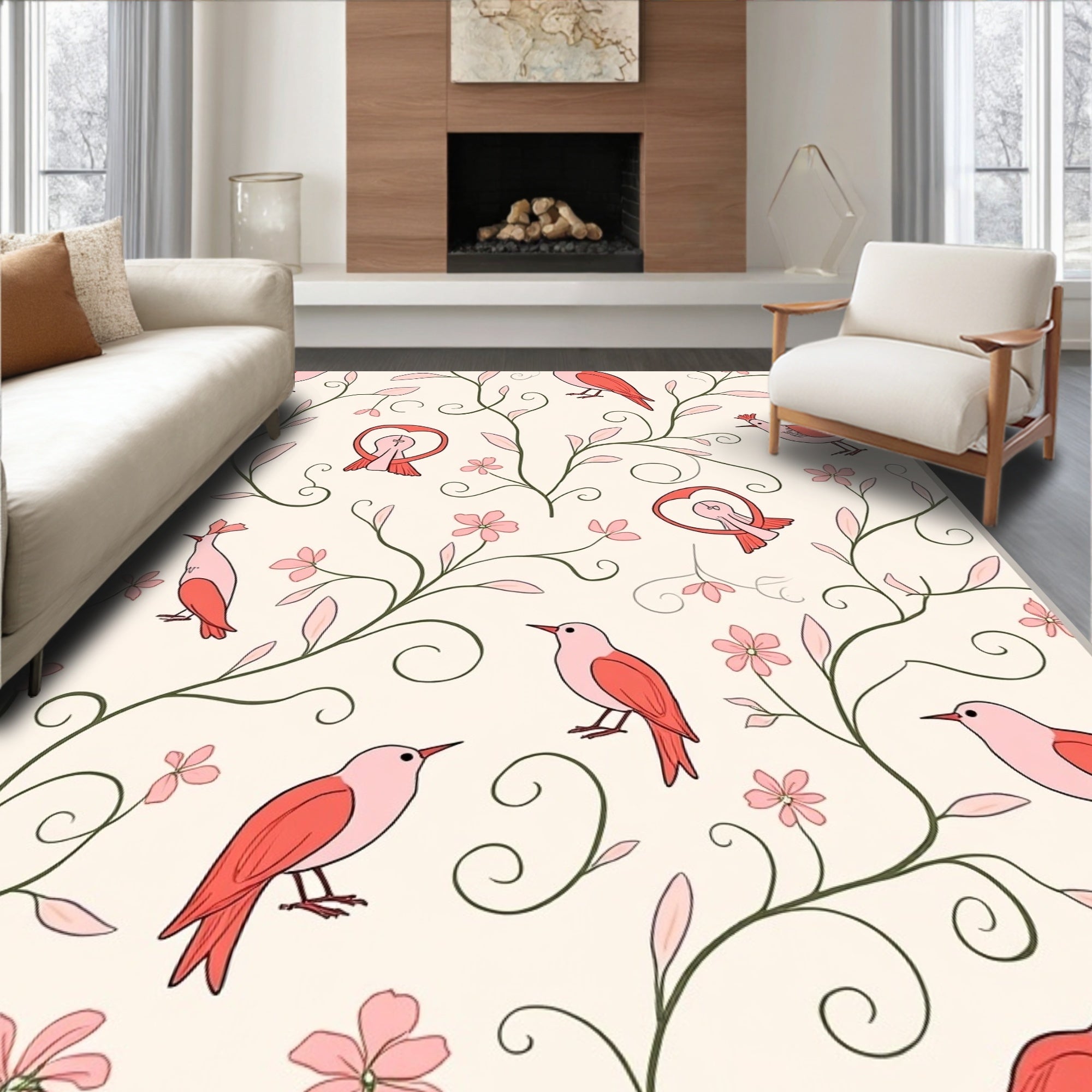 Whimsical Bird and Bloom Pattern Rug