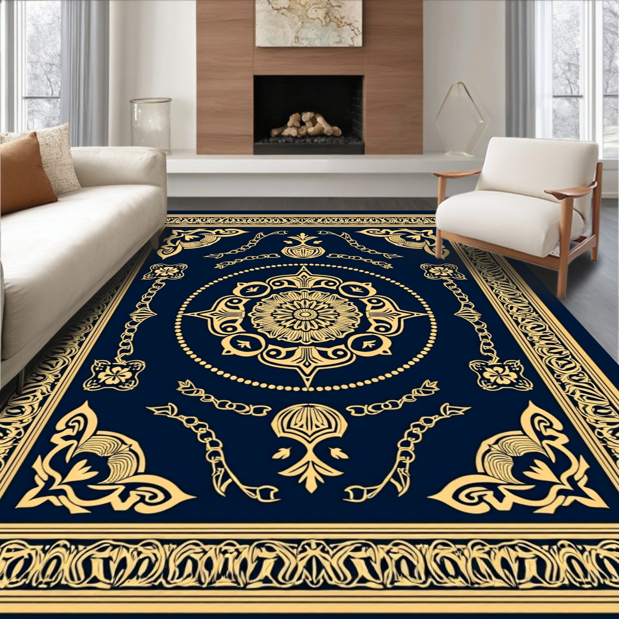 Elegant Gold Floral Border Rug