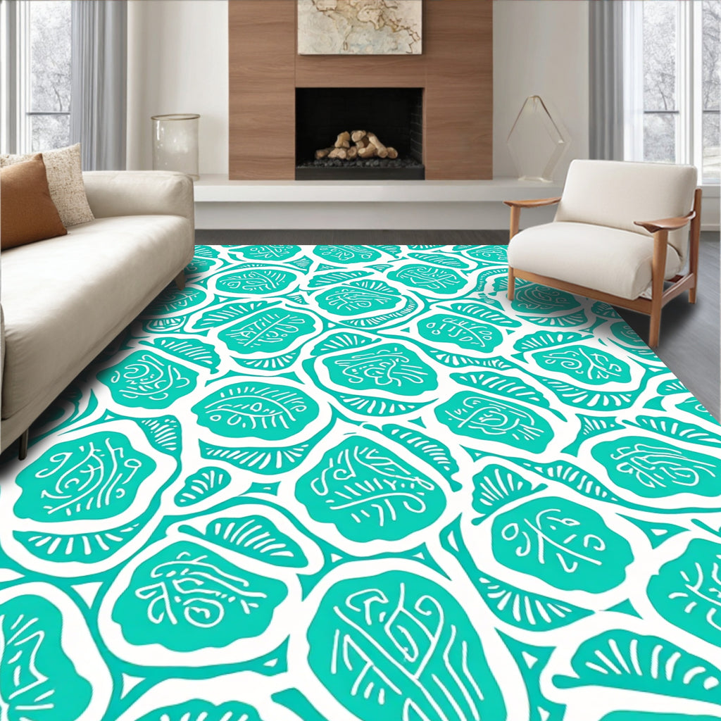Teal White Organic Abstract Pattern Rug
