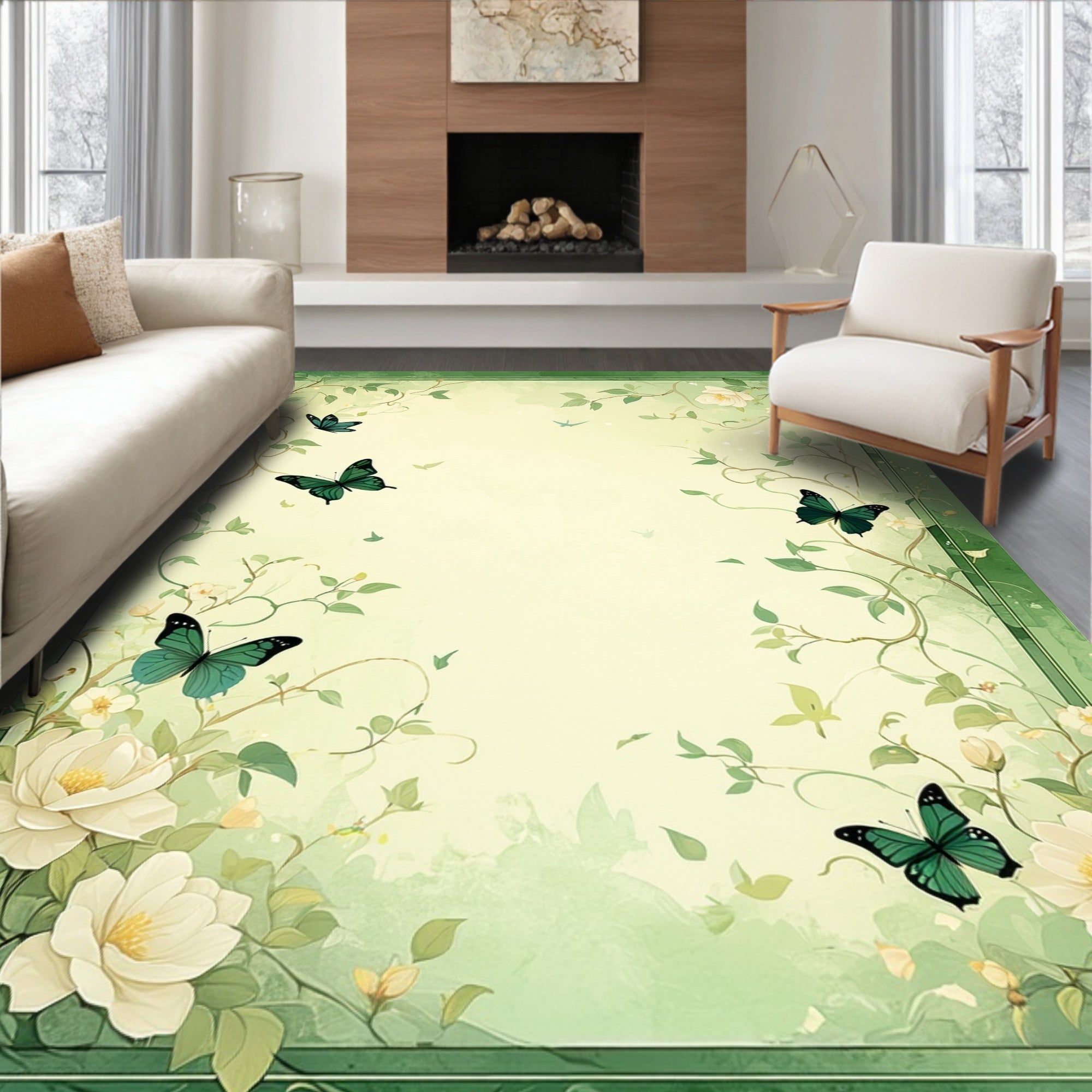 Whimsical Green Floral Butterfly Design Rug