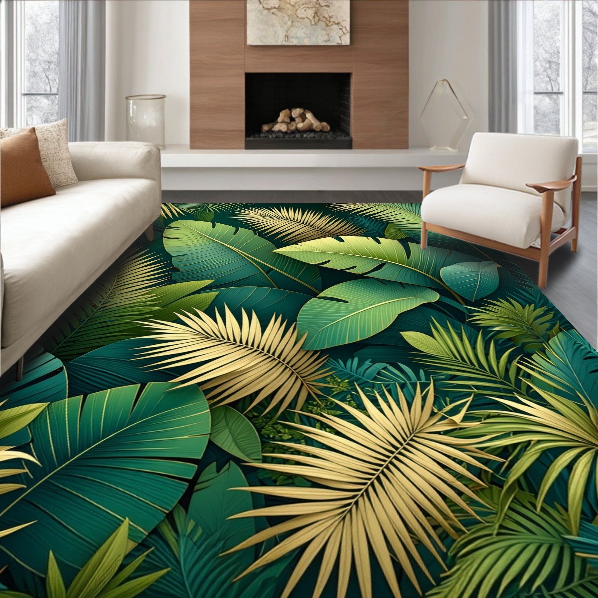 Tropical Leaf Pattern With Gold Accents Rug