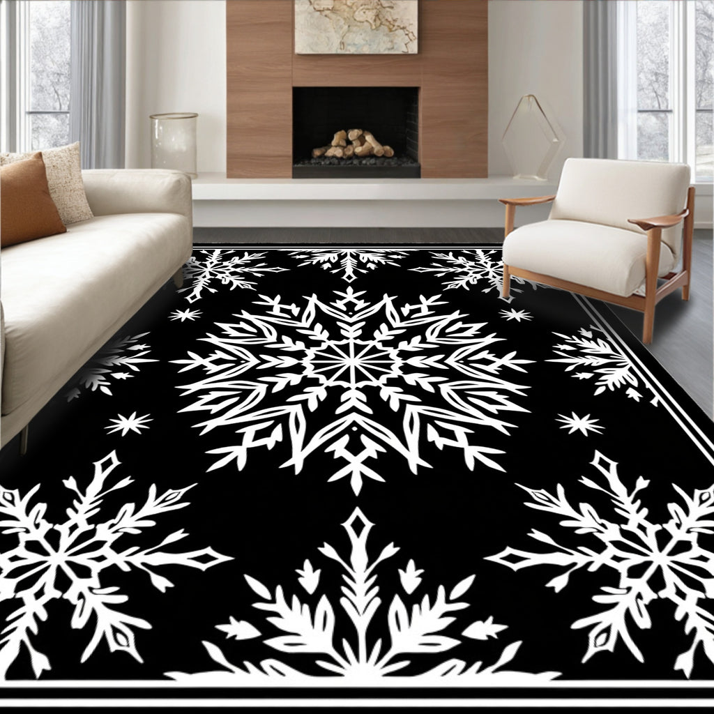 Black White Snowflake Winter Medallion Rug